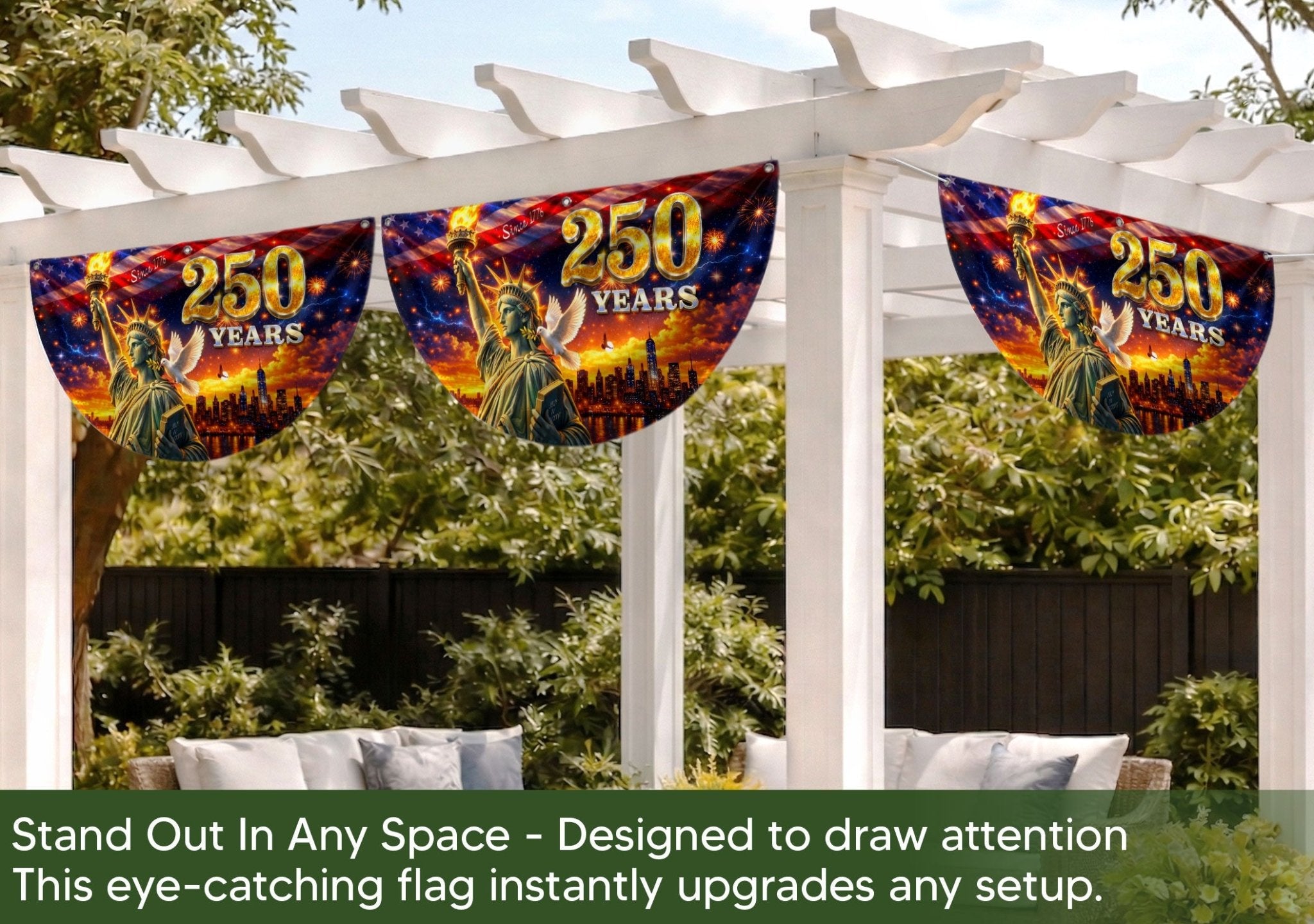 Statue of Liberty 250 Years United States Fence Flag 1776-2026 Patriotic Outdoor Banner - Rust Field Wear