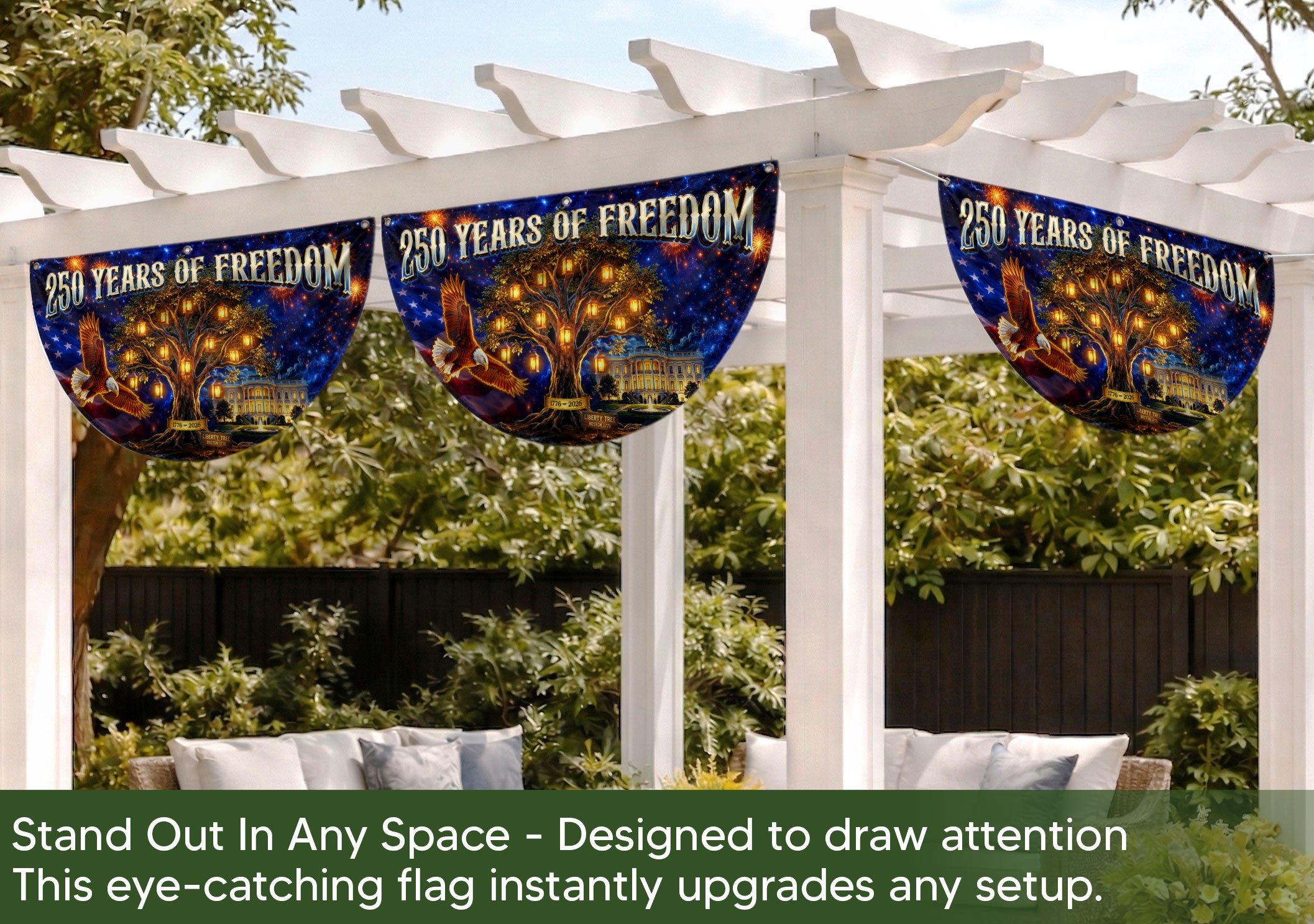 USA 250 Years Fence Banner 1776-2026 Patriotic Liberty Tree Eagle Banner