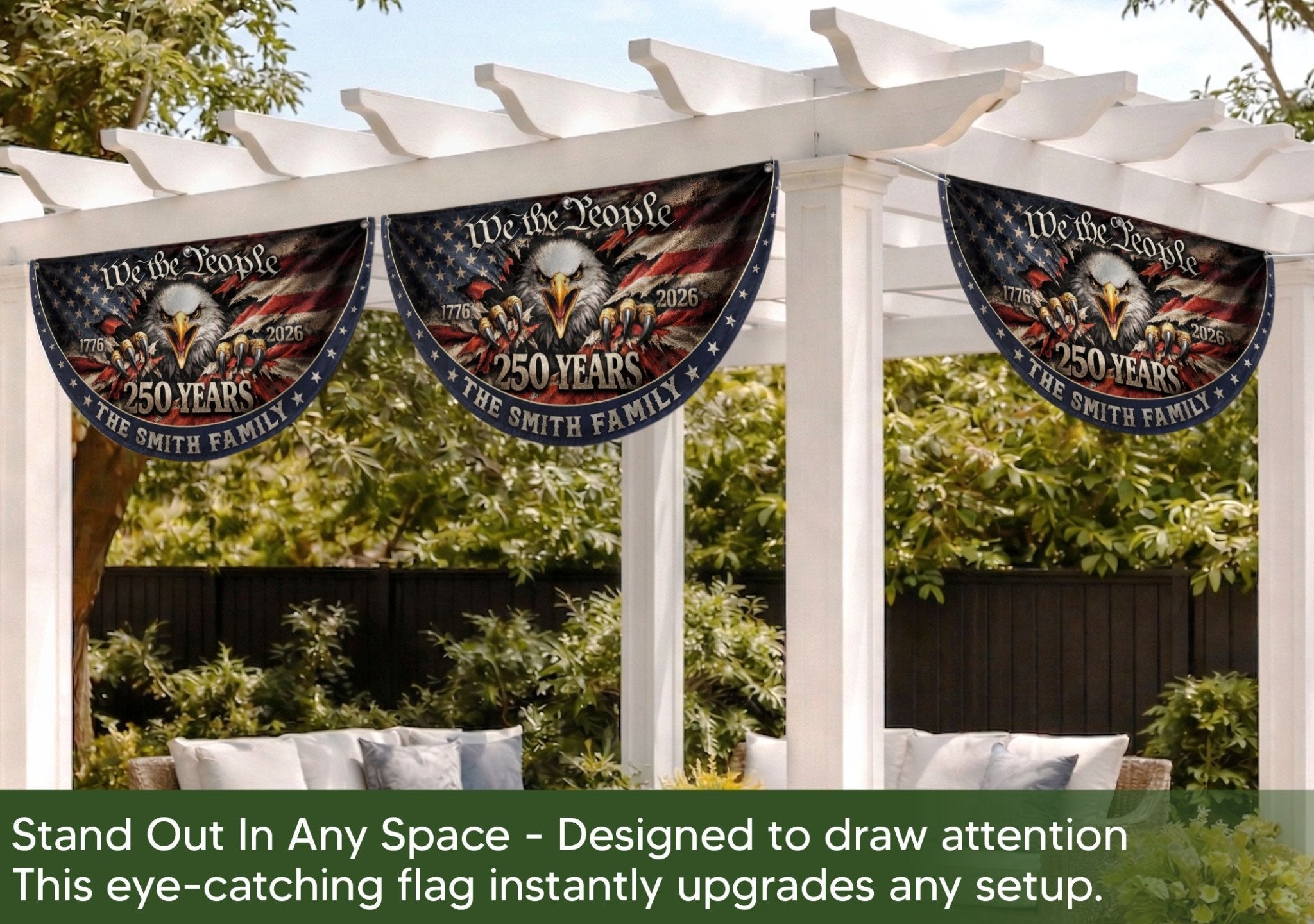 American Eagle Fence Flag Custom Family Name 250 Years Freedom 1776-2026 Patriotic Yard Decor - Rust Field Wear