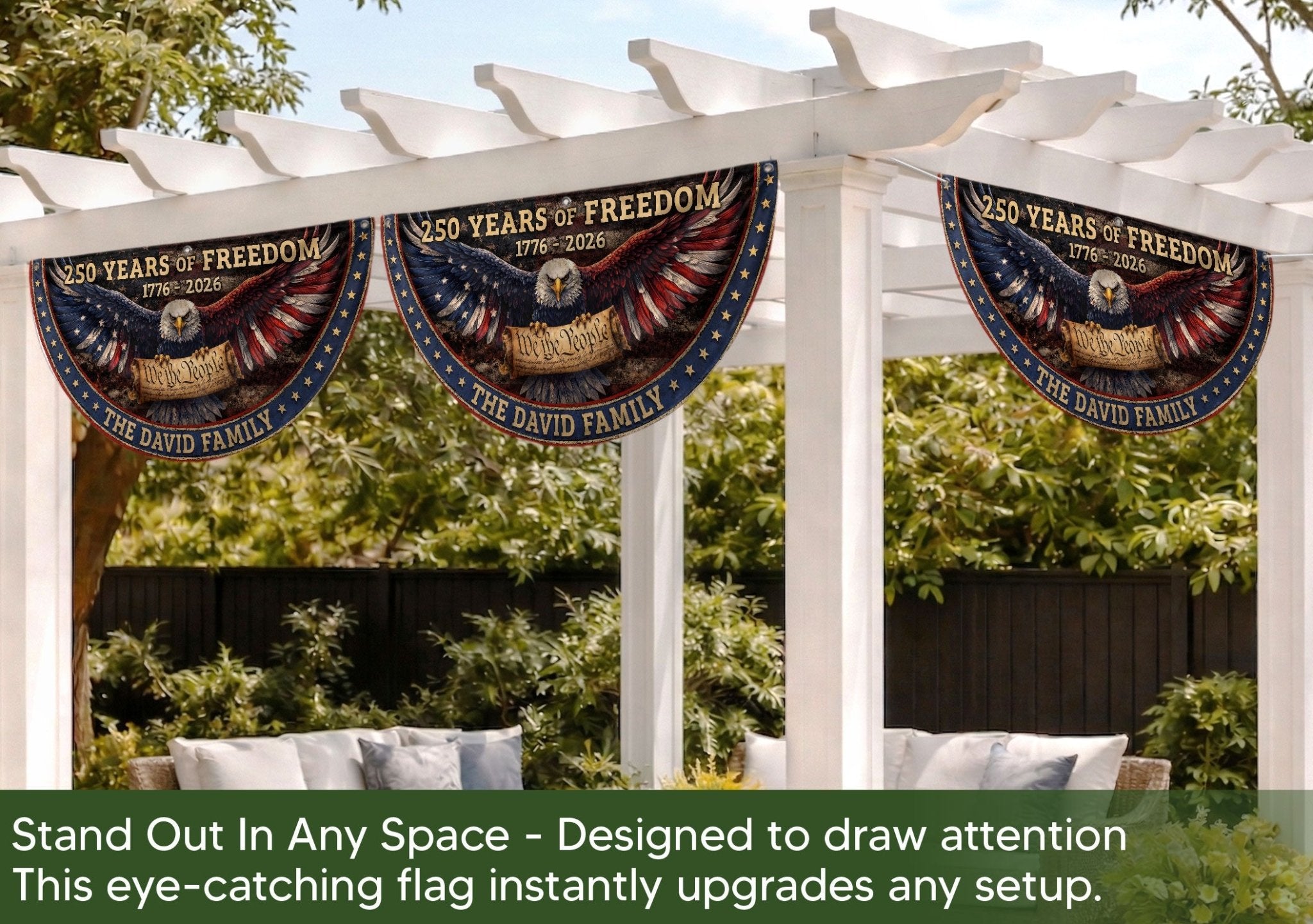 We The People Eagle Fence Flag Personalized Family Name 250 Years of Freedom 1776-2026 Patriotic Decor - Rust Field Wear