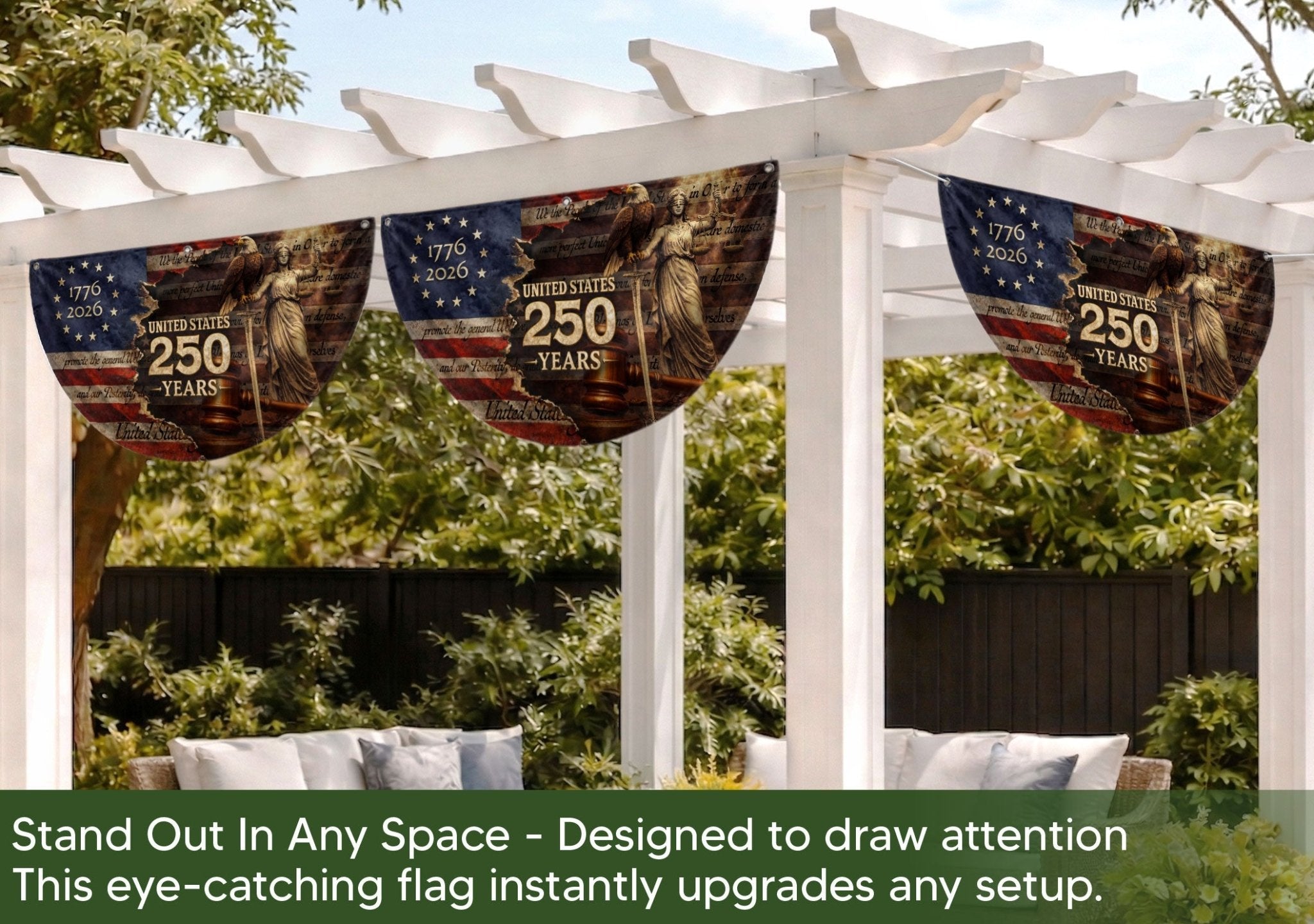 America 250 Years Fence Flag 1776 to 2026 Patriotic Eagle Lady Justice Outdoor Yard Decor - Rust Field Wear