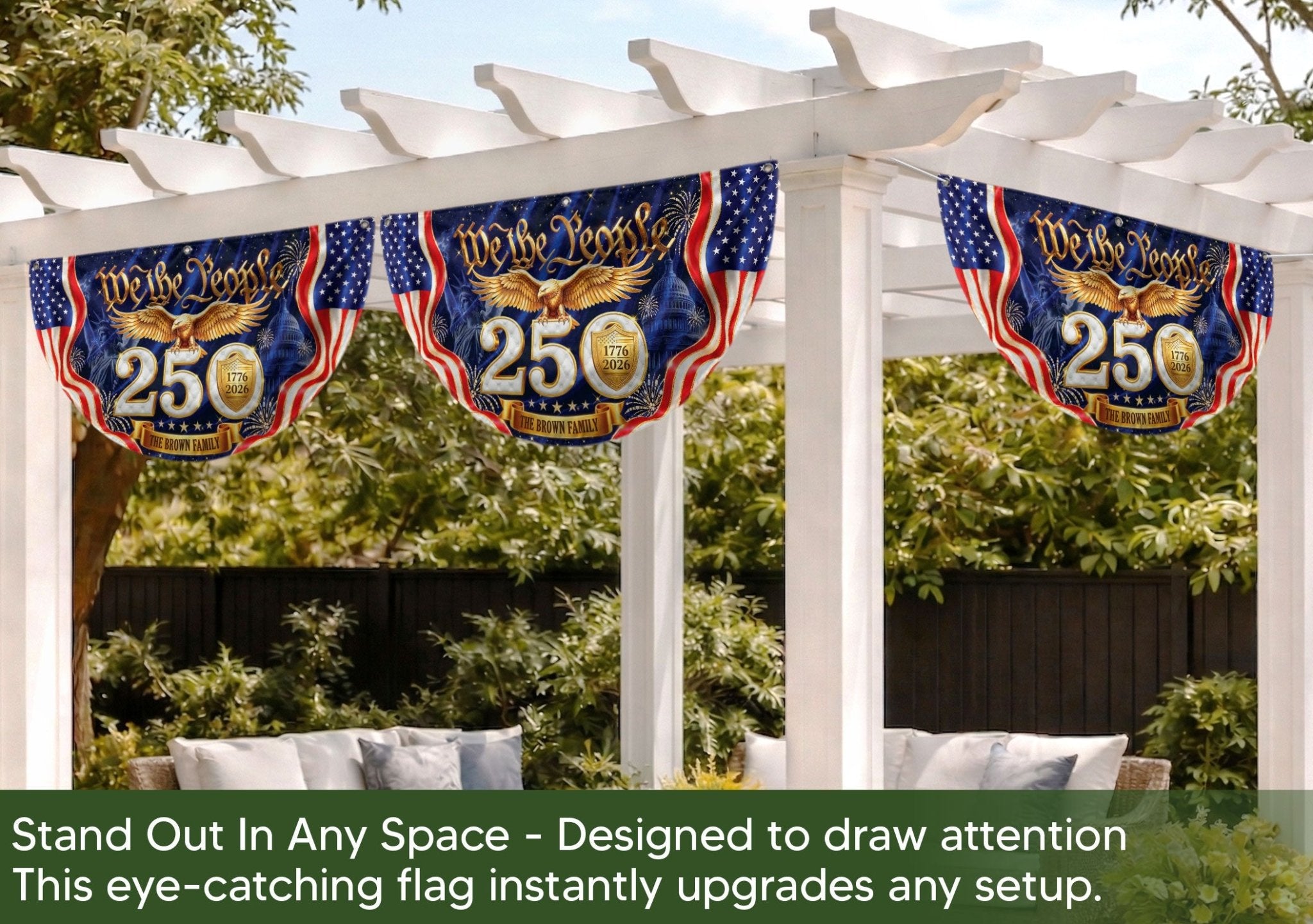 250th Anniversary USA Fence Flag We The People Eagle 1776-2026 Custom Family Name Banner - Rust Field Wear