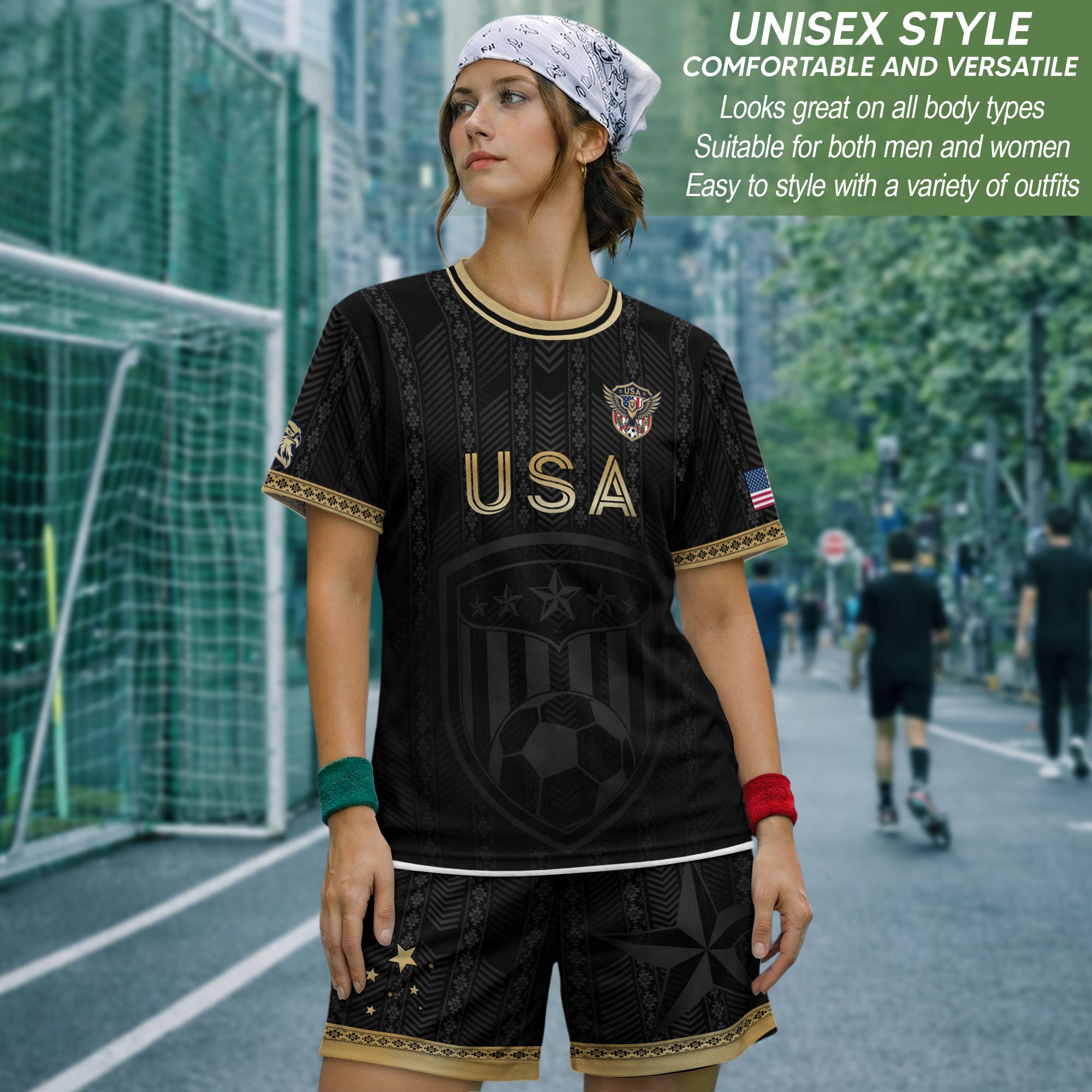 USA Soccer Jersey Patriotic American Eagle Black Gold Shield Football Shirt Men Women Gear