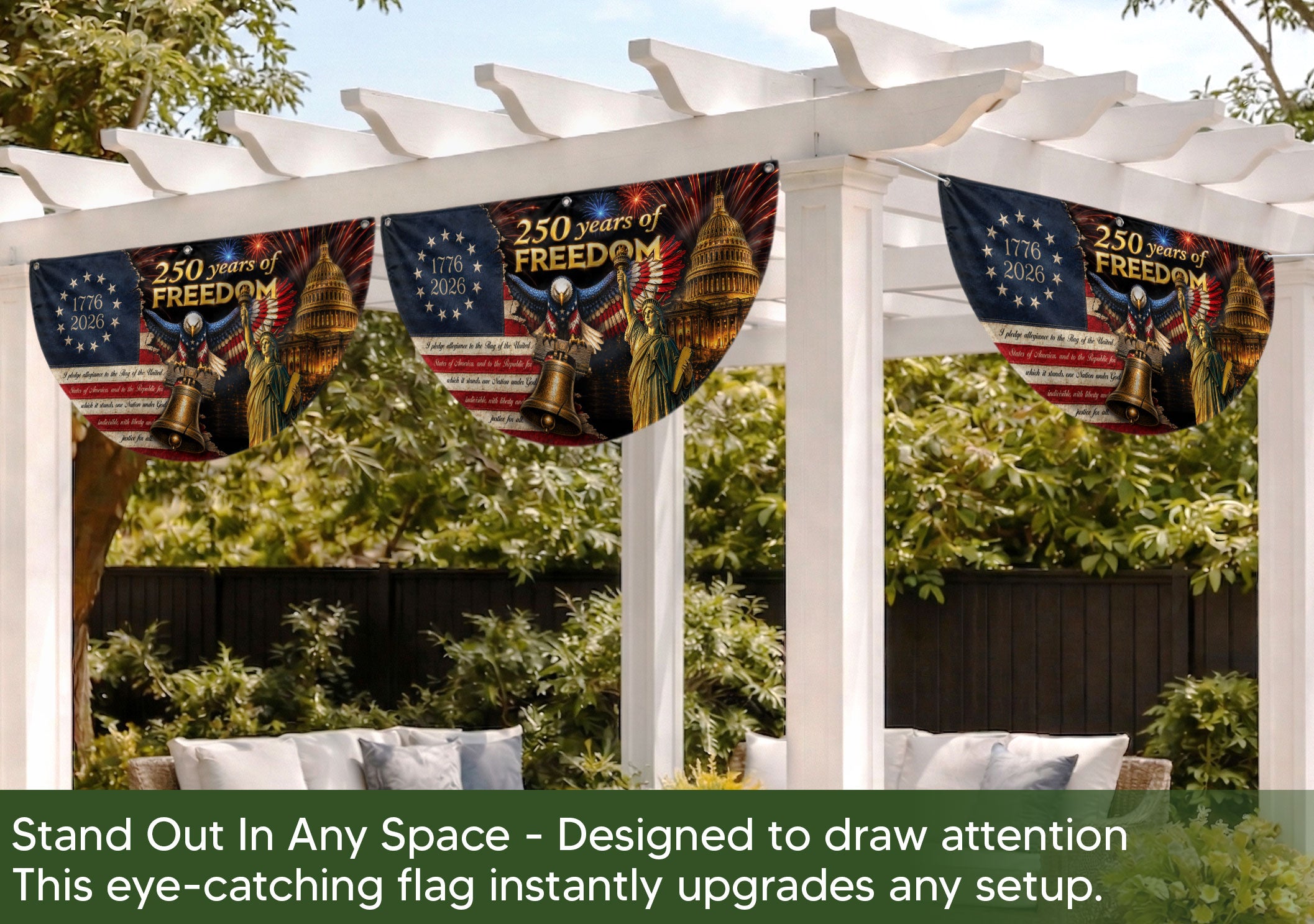 250th Anniversary US Fence Flag 1776-2026 Patriotic US Capitol Statue of Liberty Banner