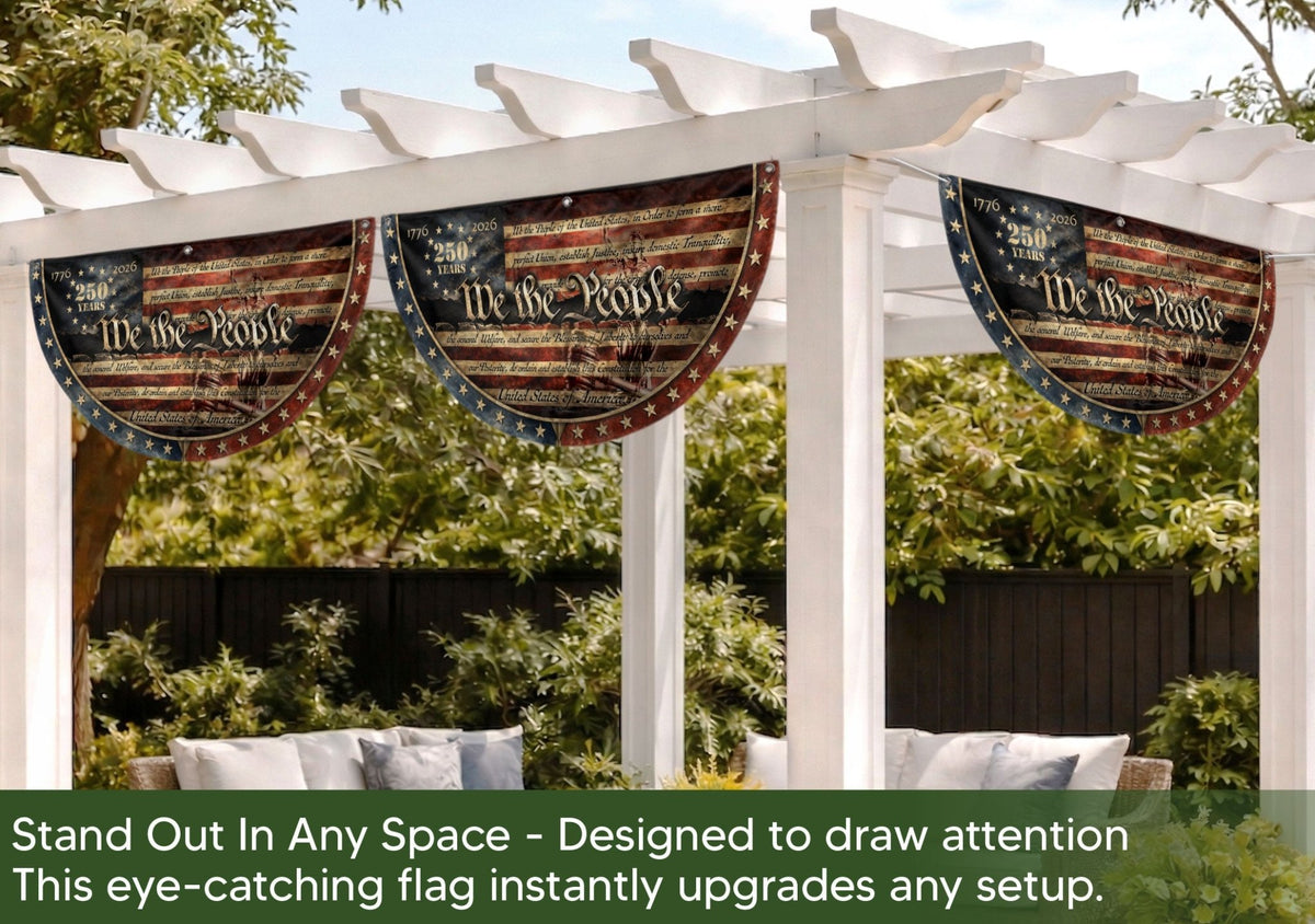 1776-2026 We The People Fence Flag 250 Years US Constitution Patriotic Pleated Bunting - Rust Field Wear