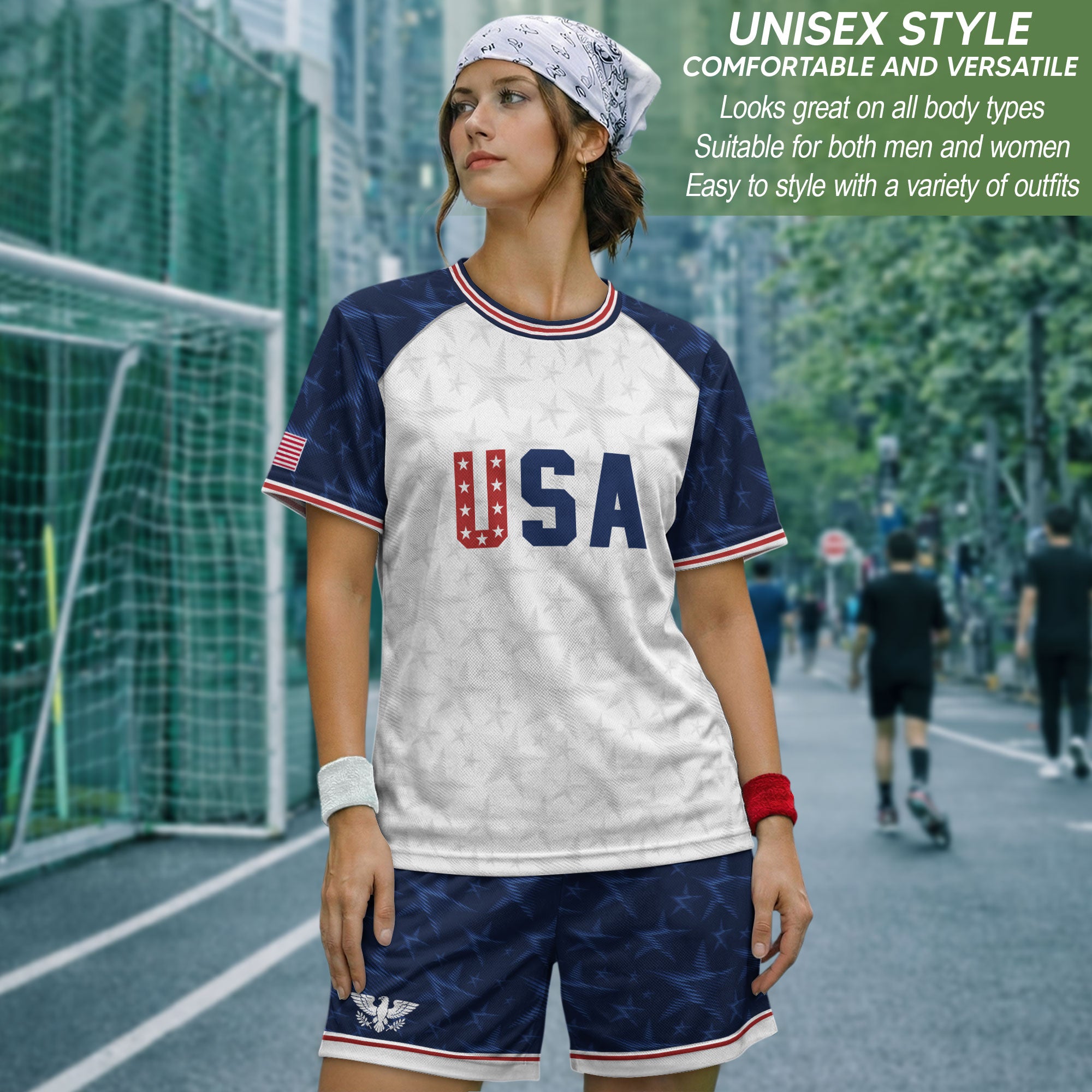 White USA Soccer Jersey Raglan American Flag Shirt Patriotic Eagle Crest Soccer Fan Tee