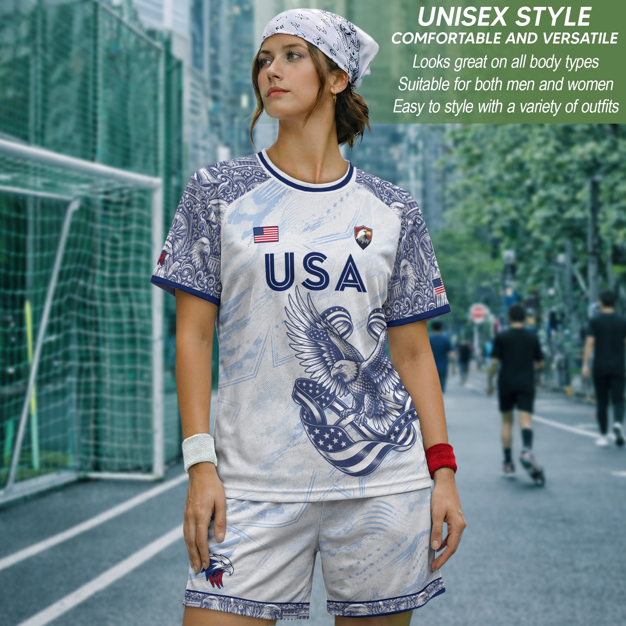 Athletic White Blue USA Soccer Jersey Adult Patriotic Eagle United States Team Shirt