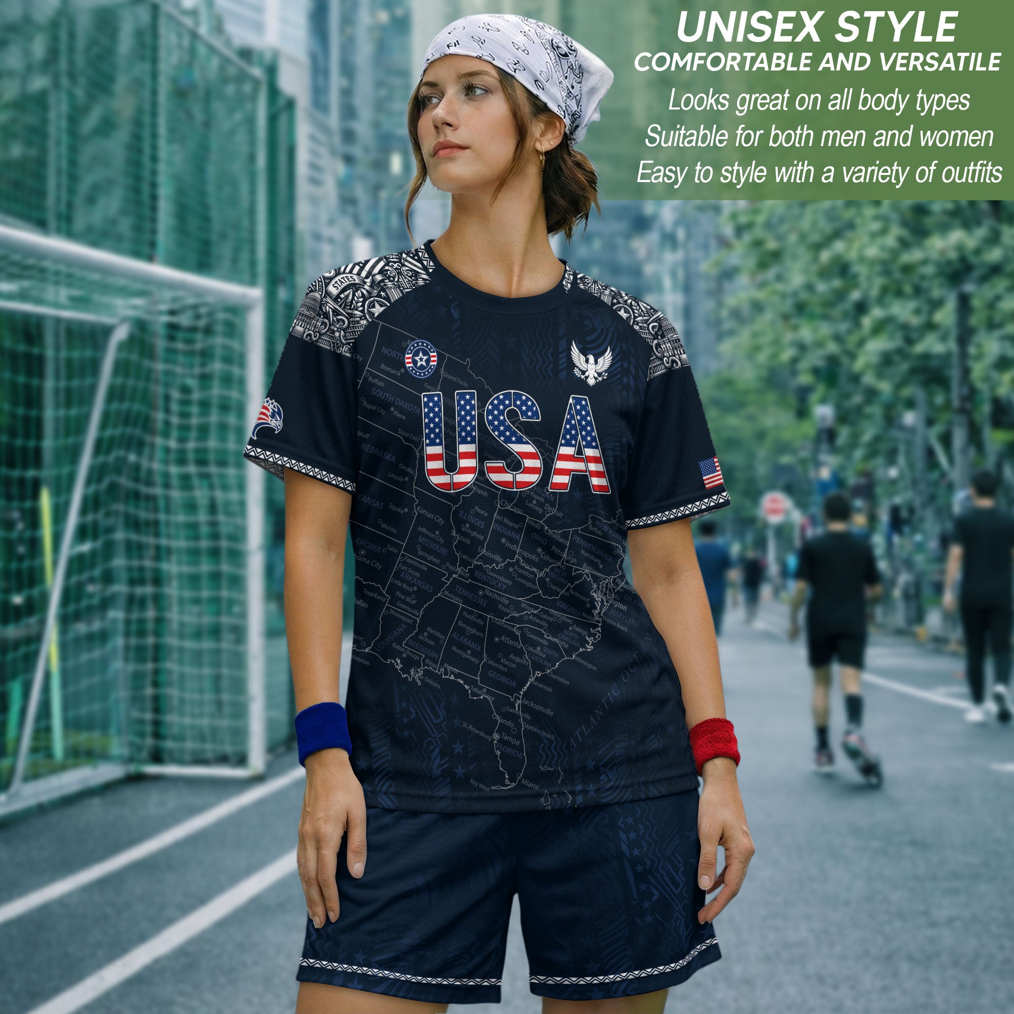 Navy USA Soccer Jersey Flag Pattern US Map American Shirt Patriotic Stars Stripes