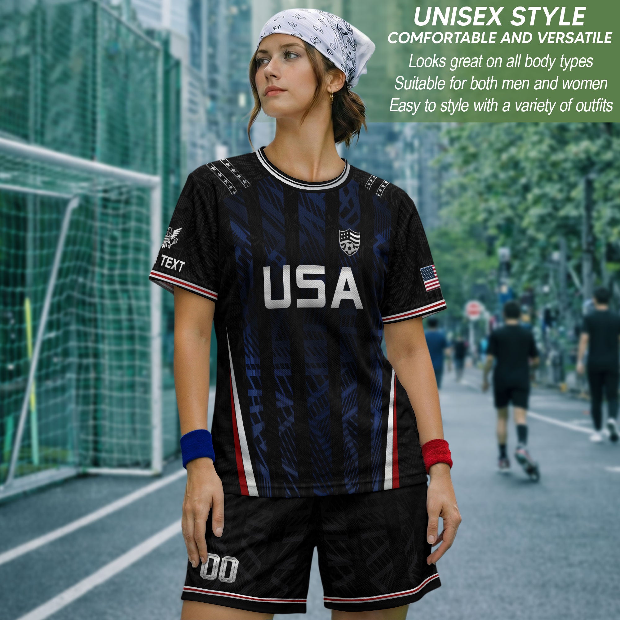 USA Soccer Jersey Custom Name Number Patriotic Black Stripes Football Team Shirt