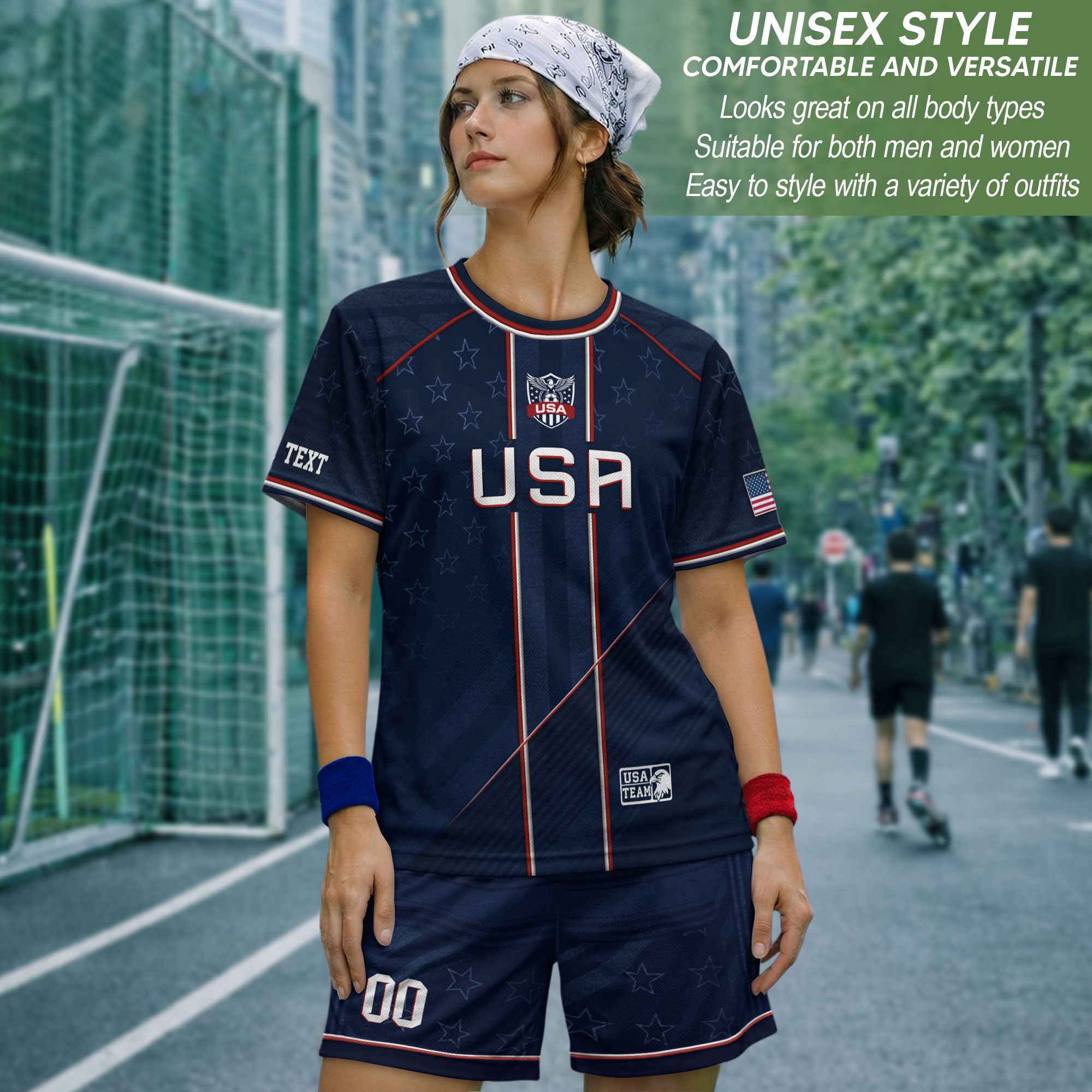 USA Team Football Shirt Custom Name Number Patriotic Navy Blue Stripes Athletic Sportswear