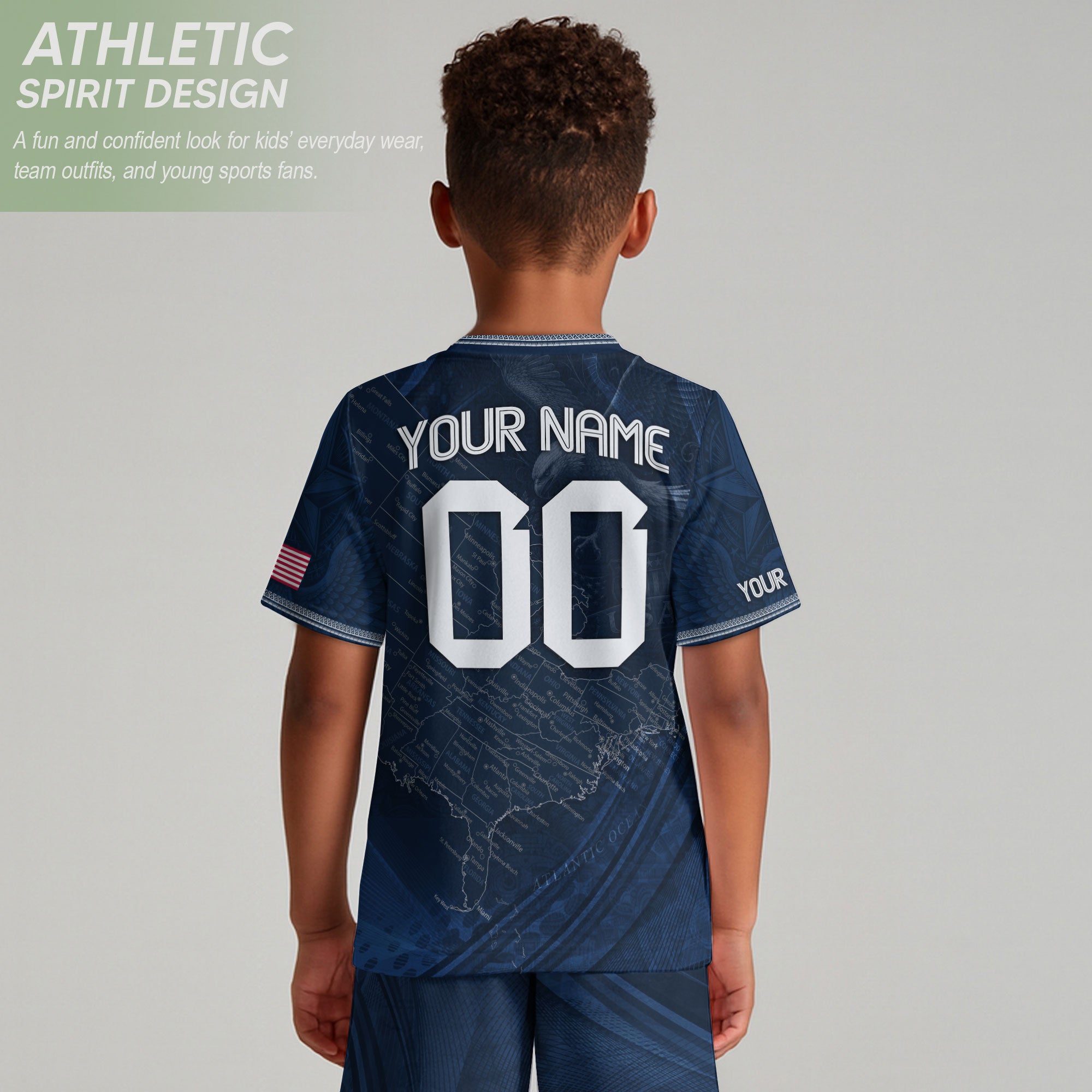 Custom Youth USA Soccer Outfit Navy Blue Jersey and Shorts with Personalized Details