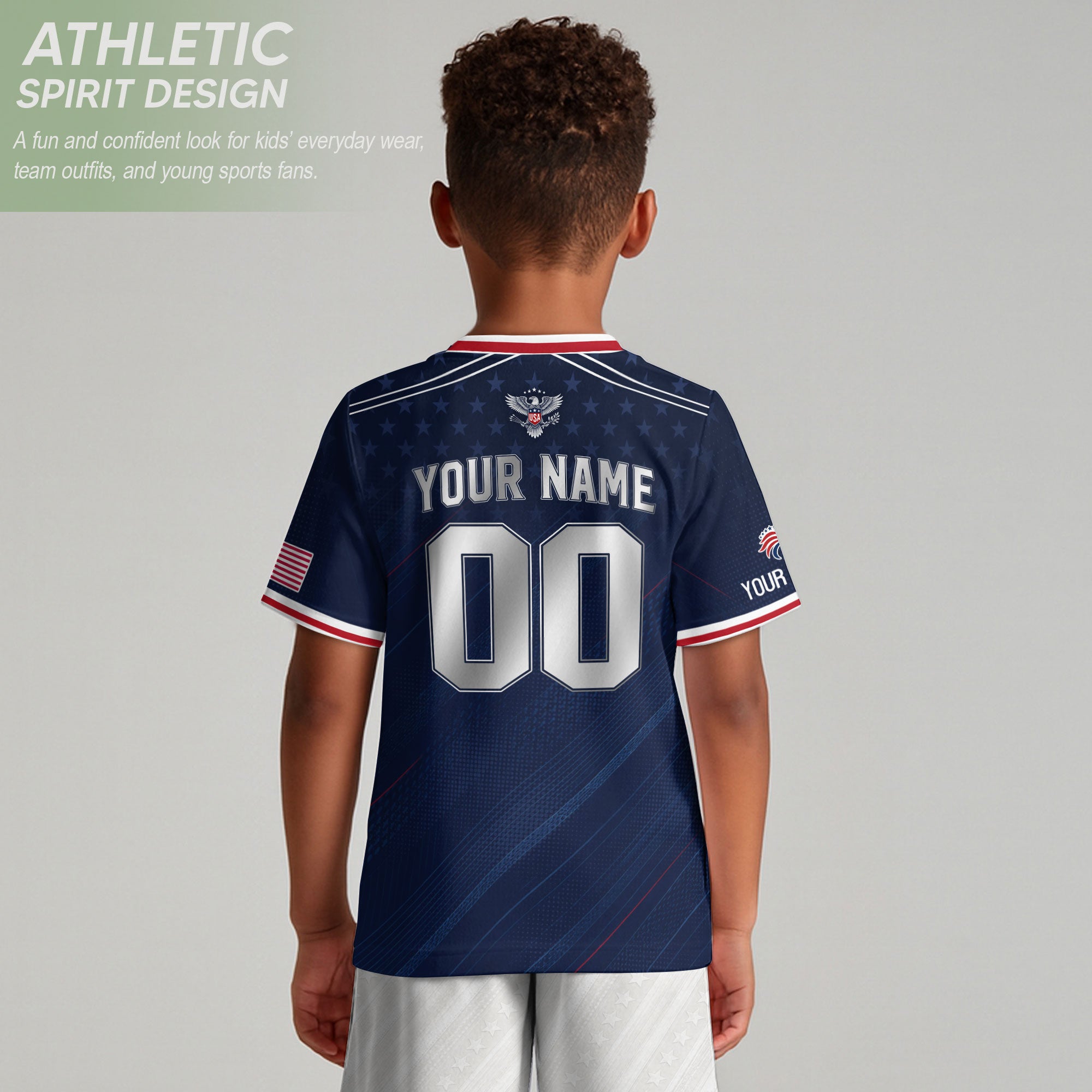 Custom USA Soccer Teamwear Set for Kids Navy and White with Personalized Name Number