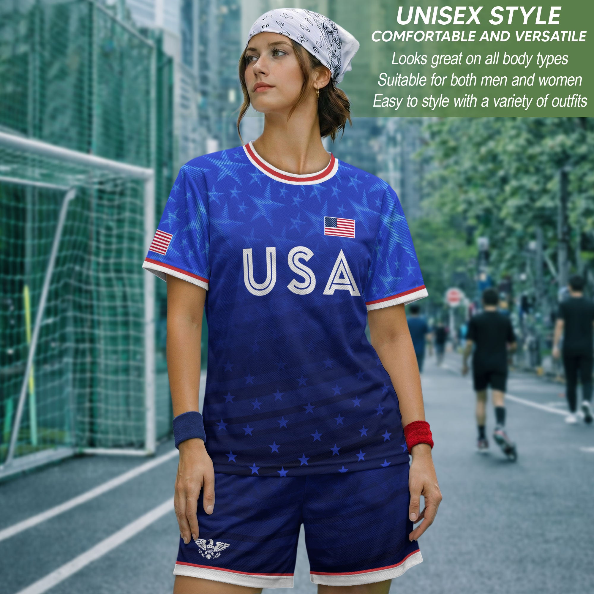 USA Soccer Jersey Adult Blue Patriotic Stars Shirt American Football Team Tee