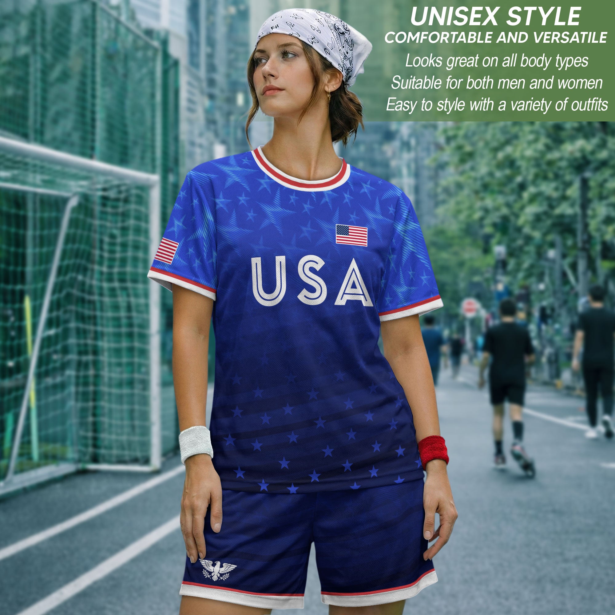 USA Soccer Jersey Adult Blue Patriotic Stars Shirt American Football Team Tee - Rust Field Wear