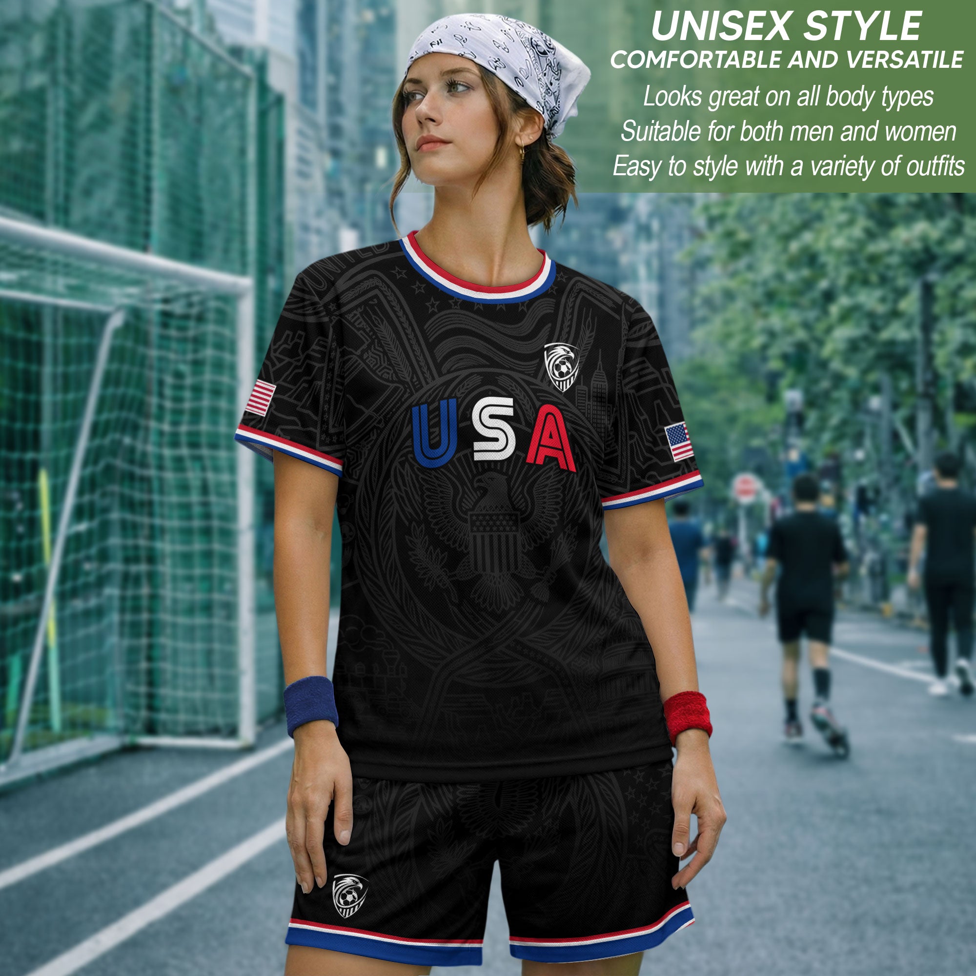 USA Patriotic Soccer Jersey Adult Black Eagle American Flag Independence Day Shirt