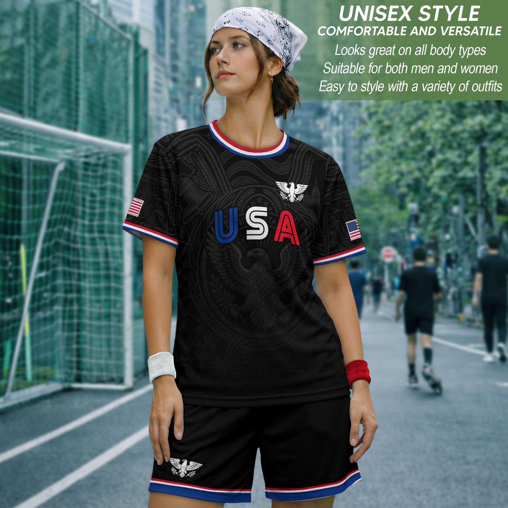 USA Patriotic Soccer Jersey Adult Black Eagle American Flag Independence Day Shirt