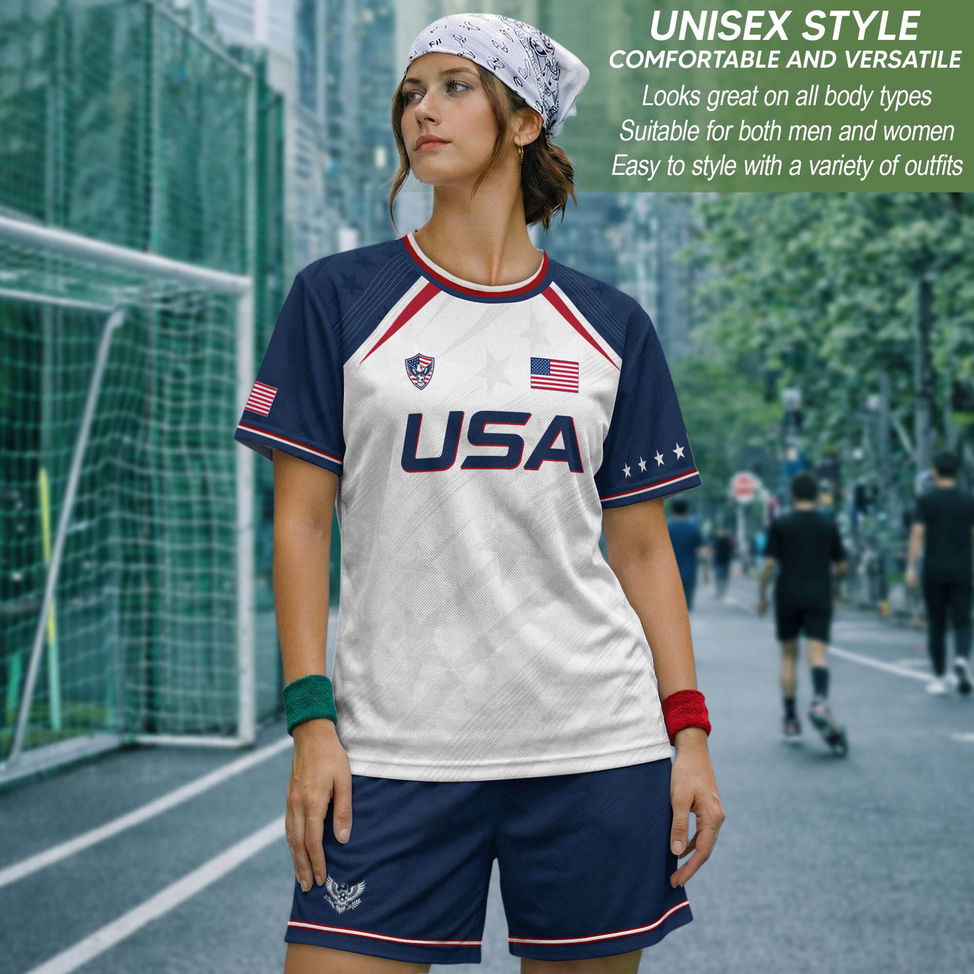 USA Soccer Jersey Adult White Navy Patriotic Diagonal Stripe Shirt United States Tee