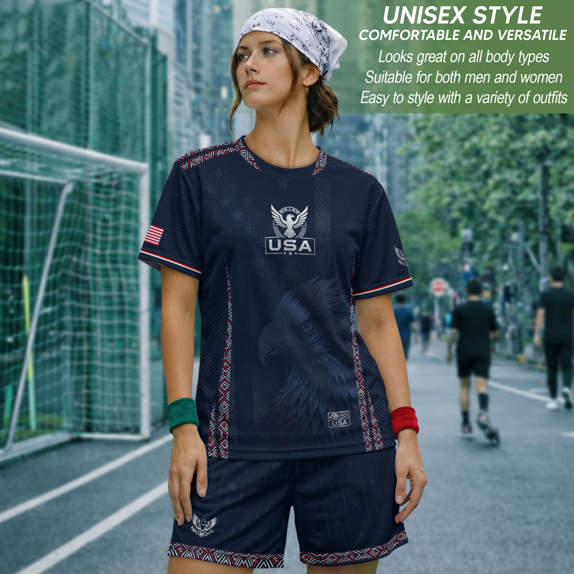USA Soccer Jersey Adult Navy Patriotic Large Eagle Head Graphic United States Fan Tee