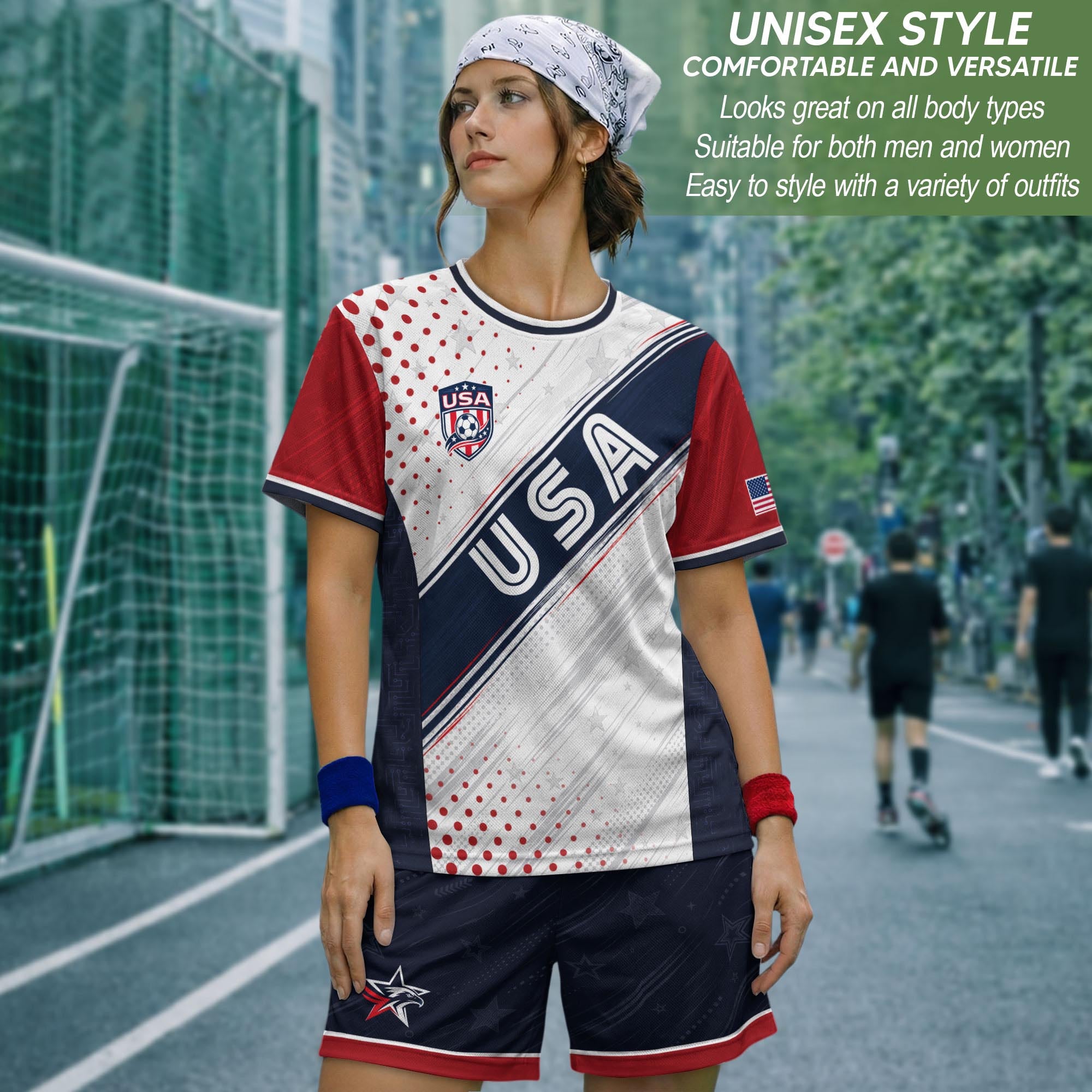 Adult USA Soccer Jersey White Navy Patriotic Diagonal Sash Polka Dot United States Tee
