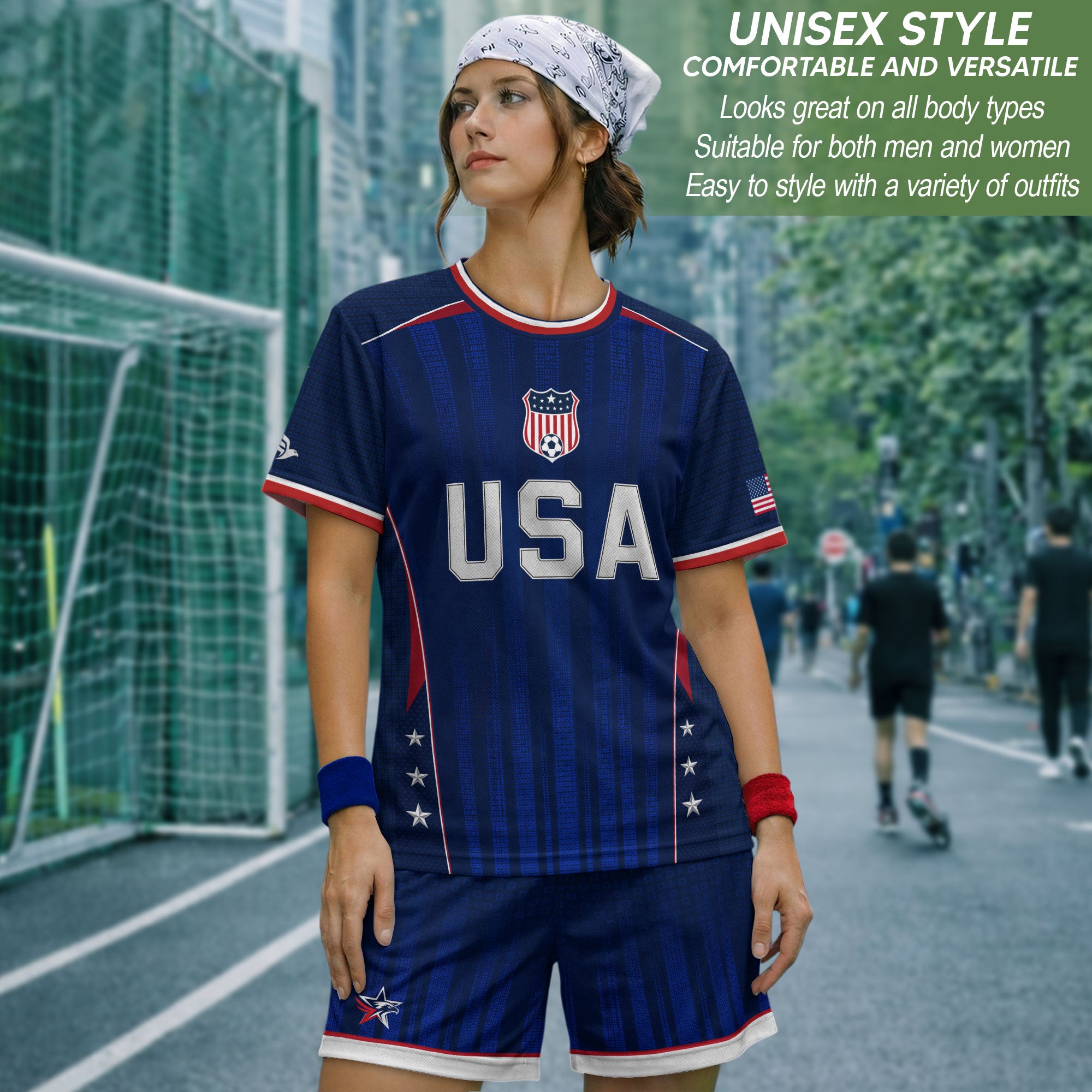 Adult USA Soccer Jersey Navy Blue Patriotic Vertical Stripe Star Side United States Tee