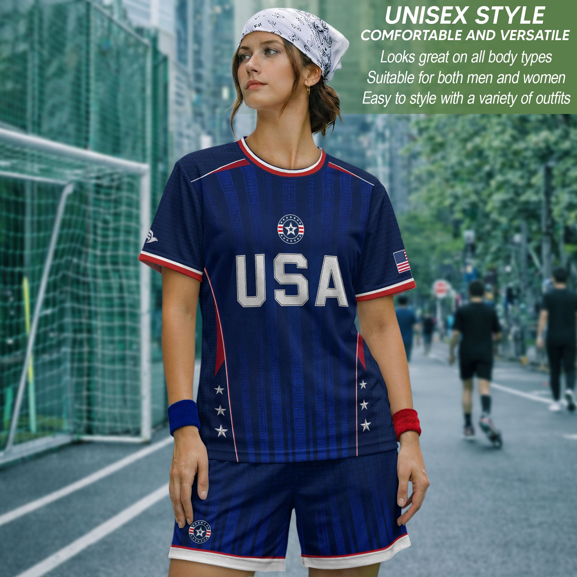 Adult USA Soccer Jersey Navy Blue Patriotic Vertical Stripe Star Side United States Tee