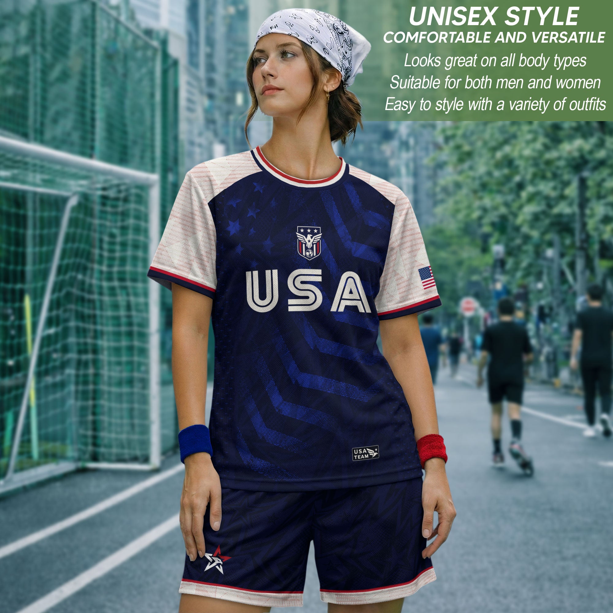 Adult USA Soccer Jersey Navy Blue Patriotic Big Chevron Graphic United States Fan Shirt