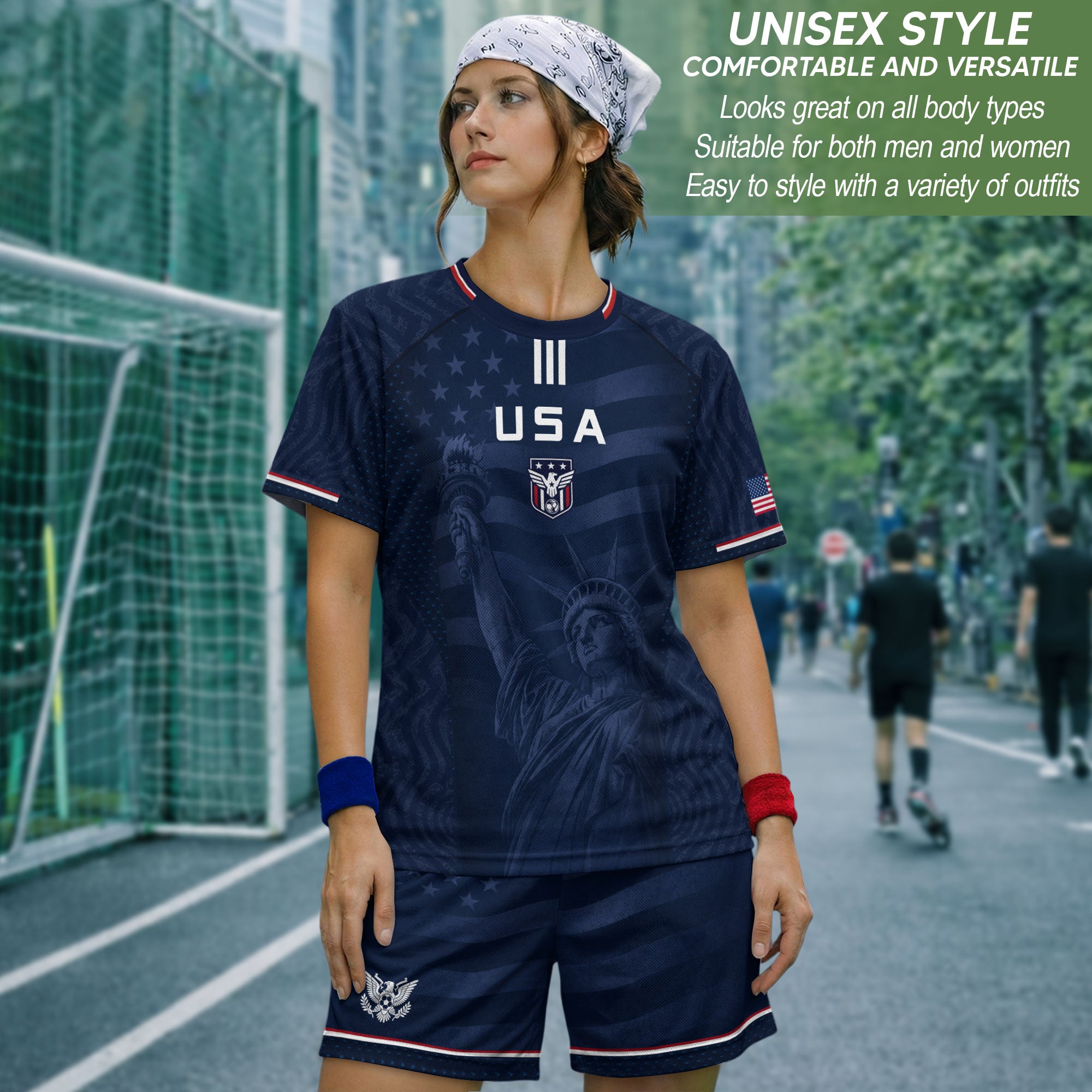 Adult USA Soccer Jersey Navy Patriotic Statue of Liberty Artistic Graphic Football Tee