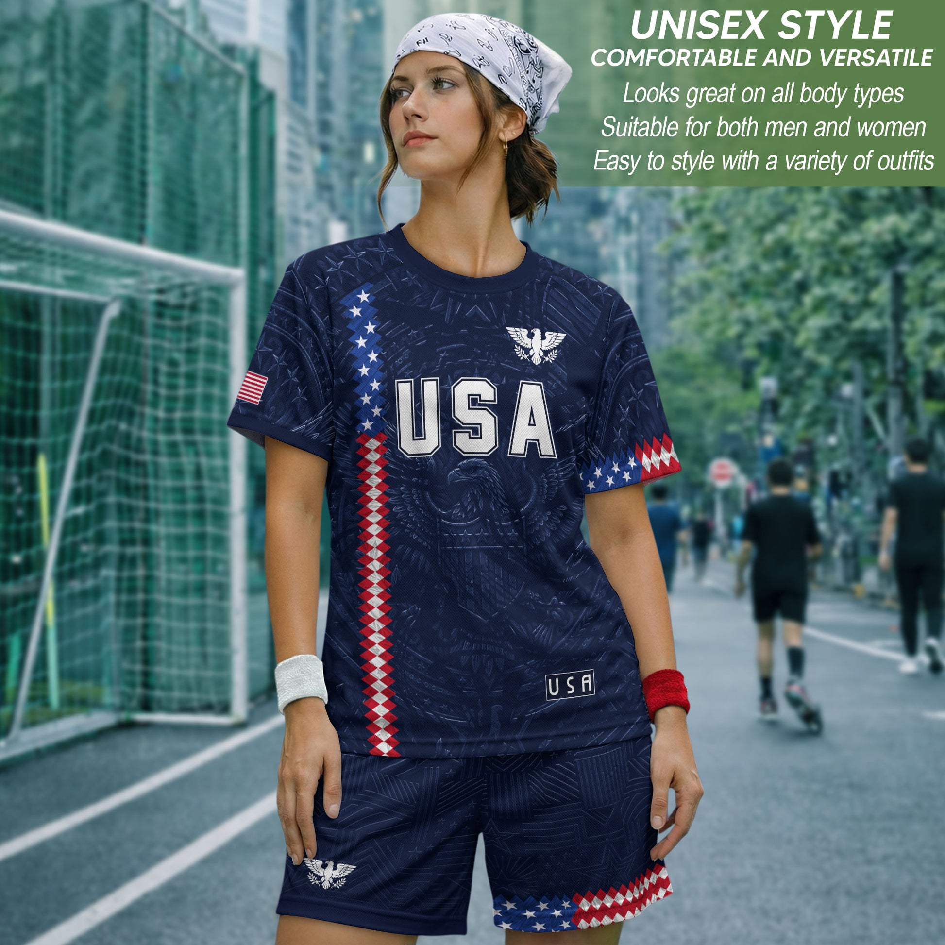 USA Soccer Jersey Men Navy Blue Eagle Flag Pattern Patriotic Football Shirt - Rust Field Wear