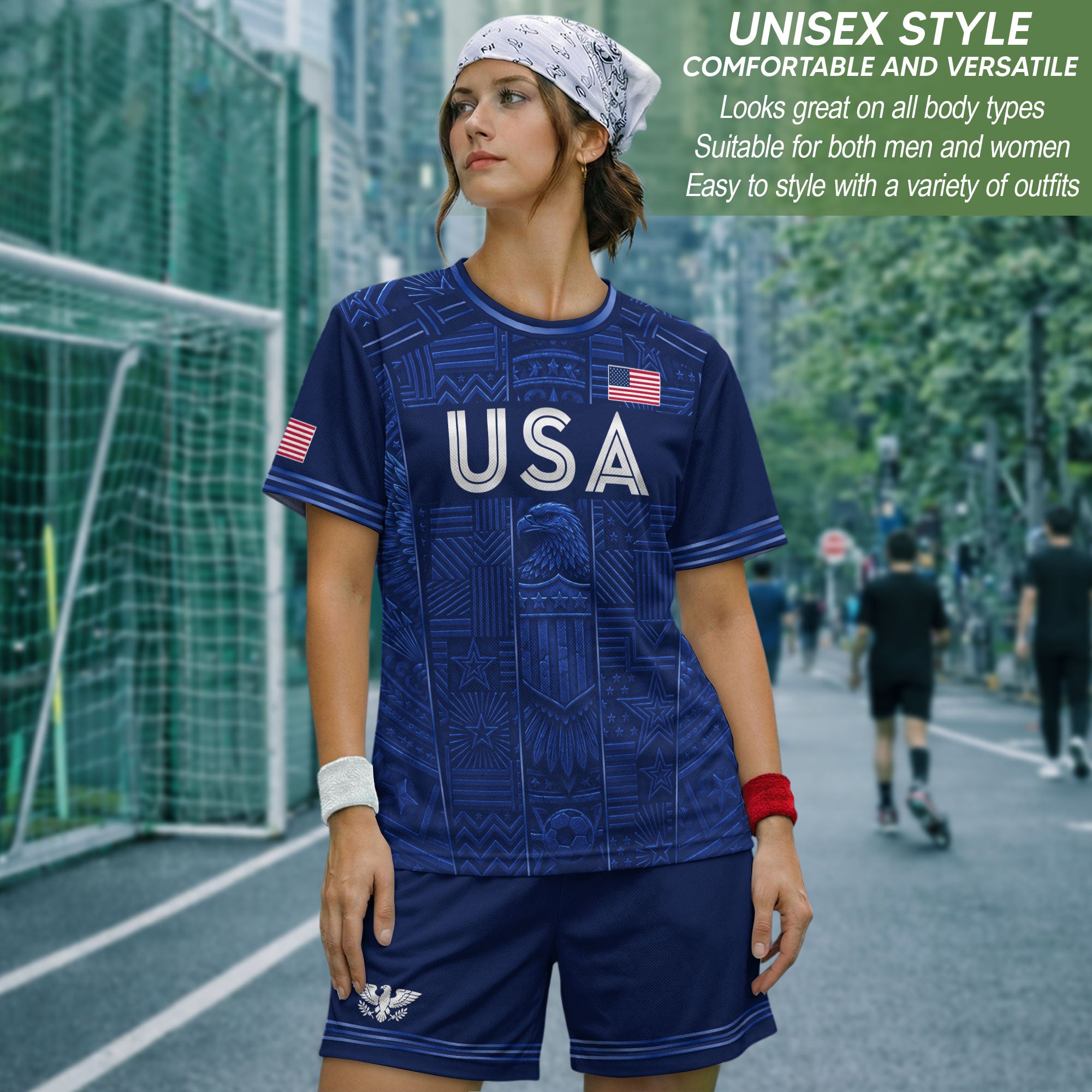 USA Soccer Jersey Men Navy Blue Eagle Star Pattern Patriotic Football T-Shirt - Rust Field Wear