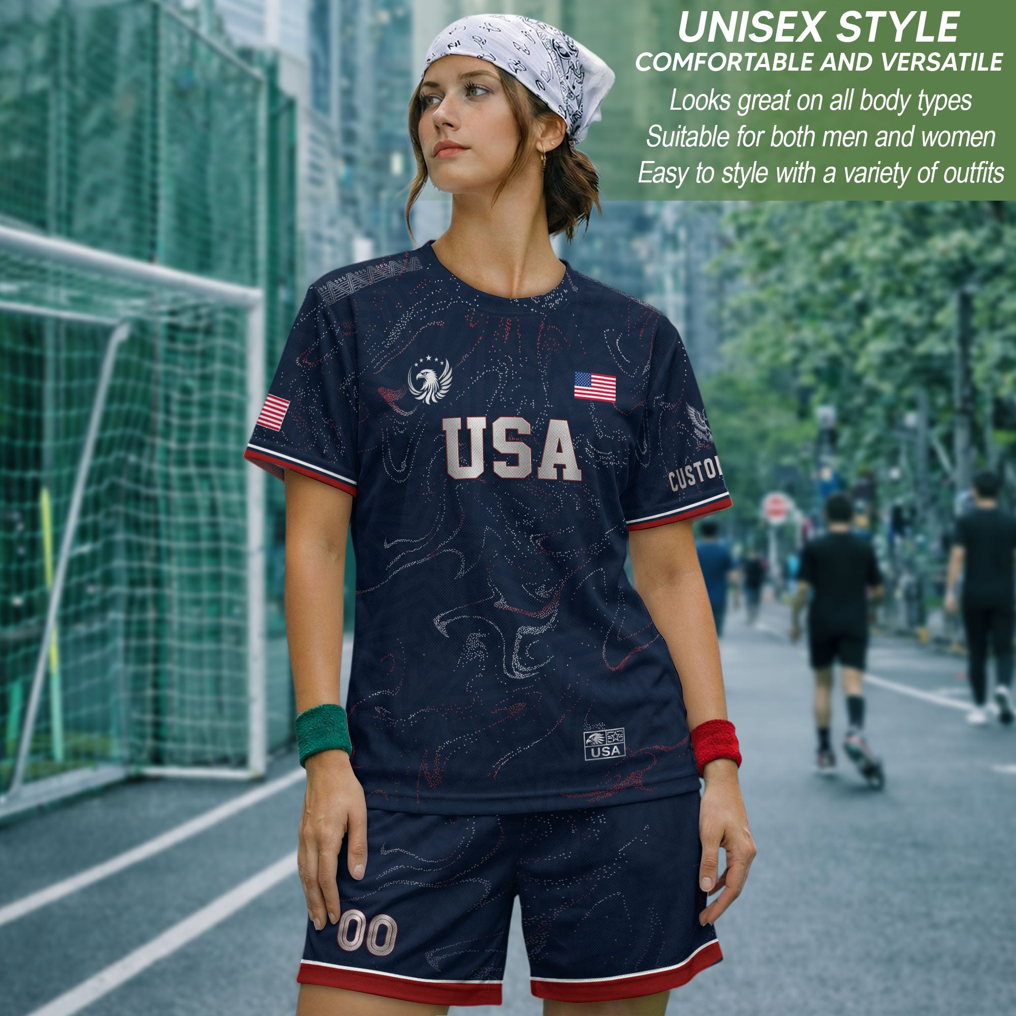 Custom Adult USA Soccer Jersey Navy Blue Patriotic American Flag Marble Football Shirt