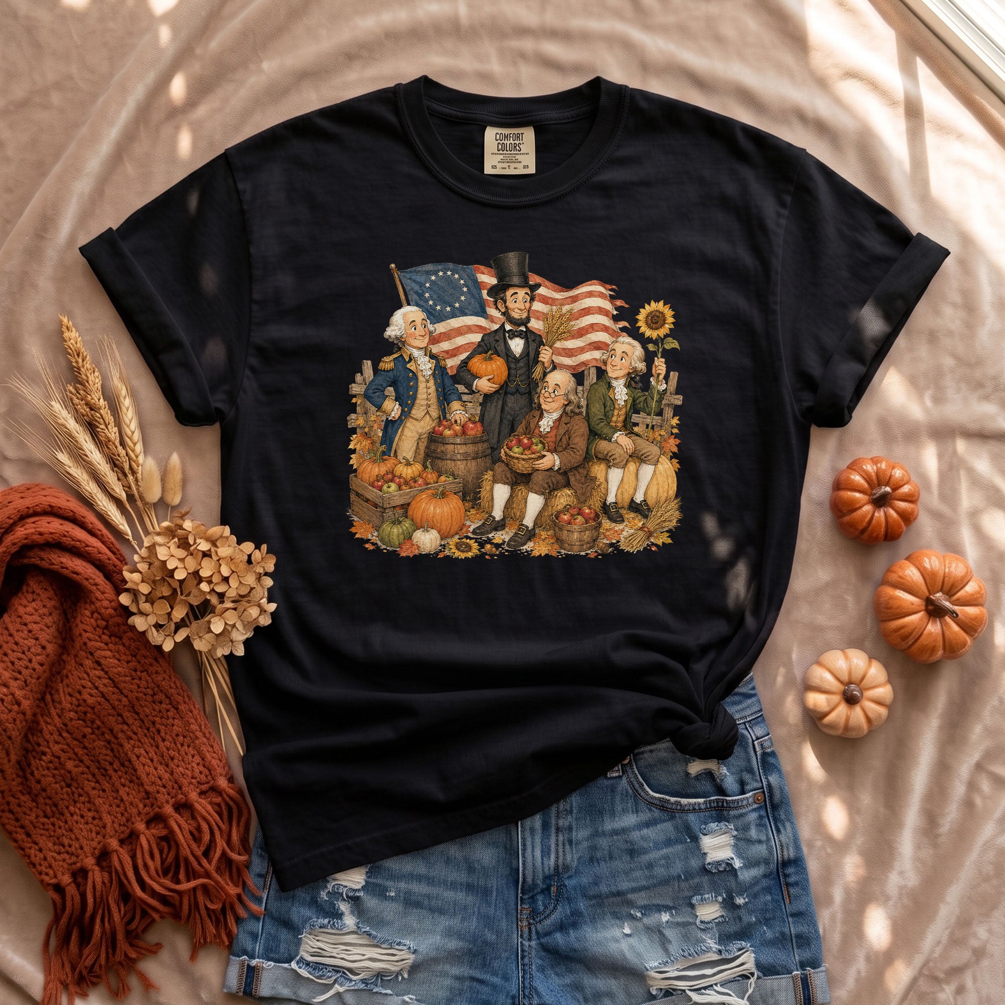 Historical Figures Fall T-Shirt Patriotic Autumn Graphic Tee for Thanksgiving Lovers