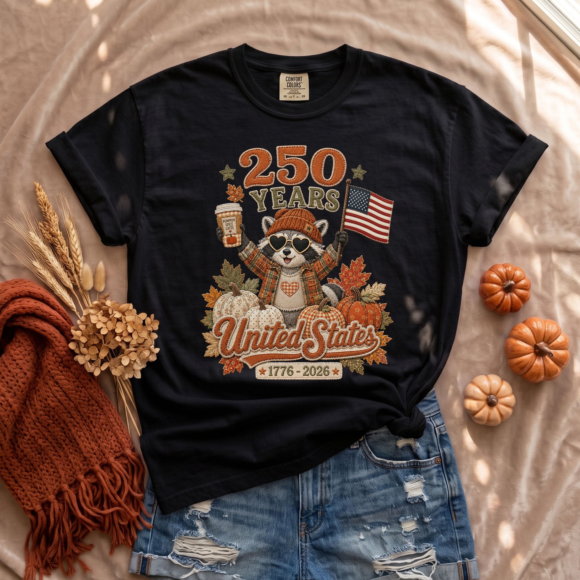 Raccoon Fall T-Shirt: 1776-2026 United States Autumn Graphic Tee for Thanksgiving