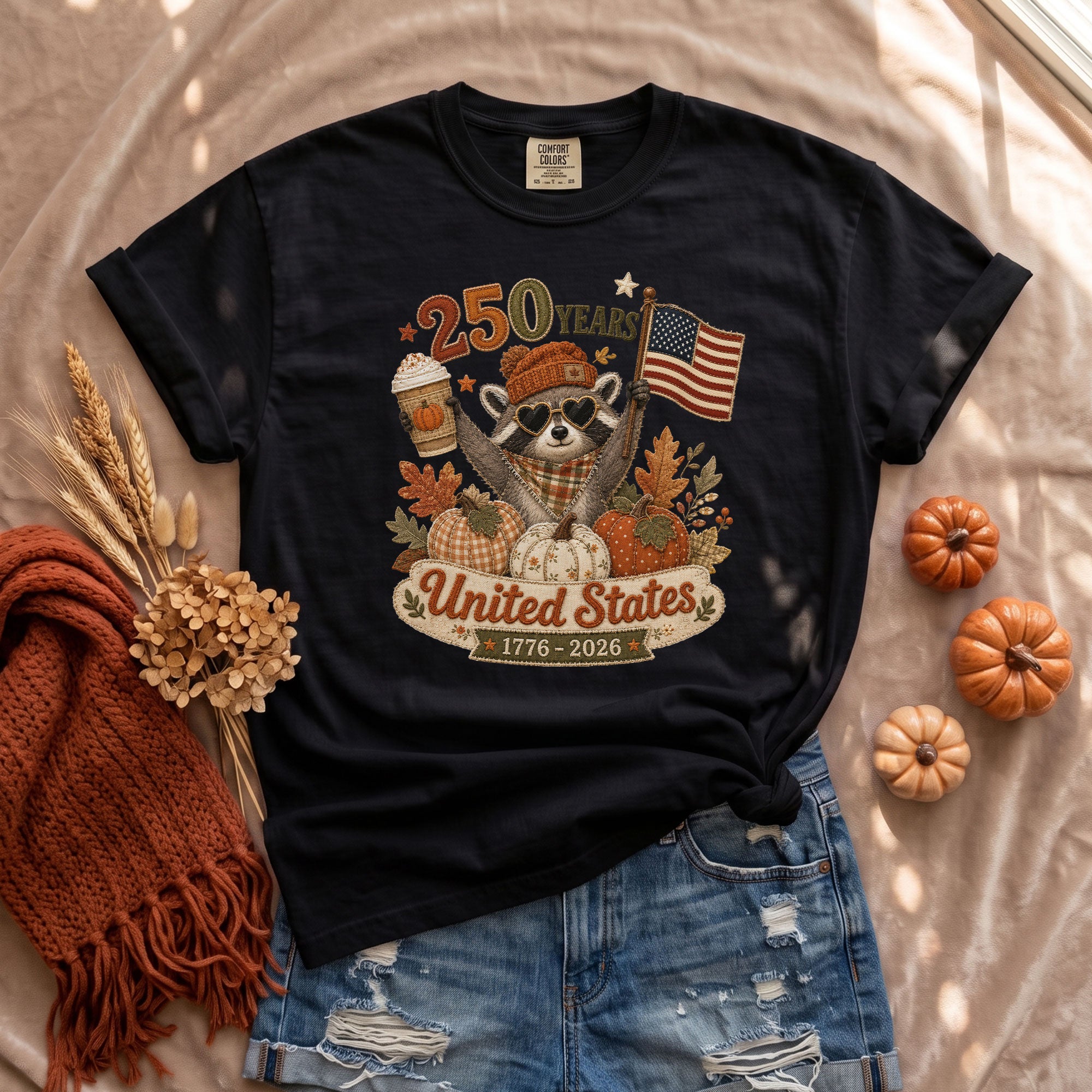 1776-2026 United States Fall Graphic Tee: Cute Raccoon Autumn Pumpkin Spice T-Shirt