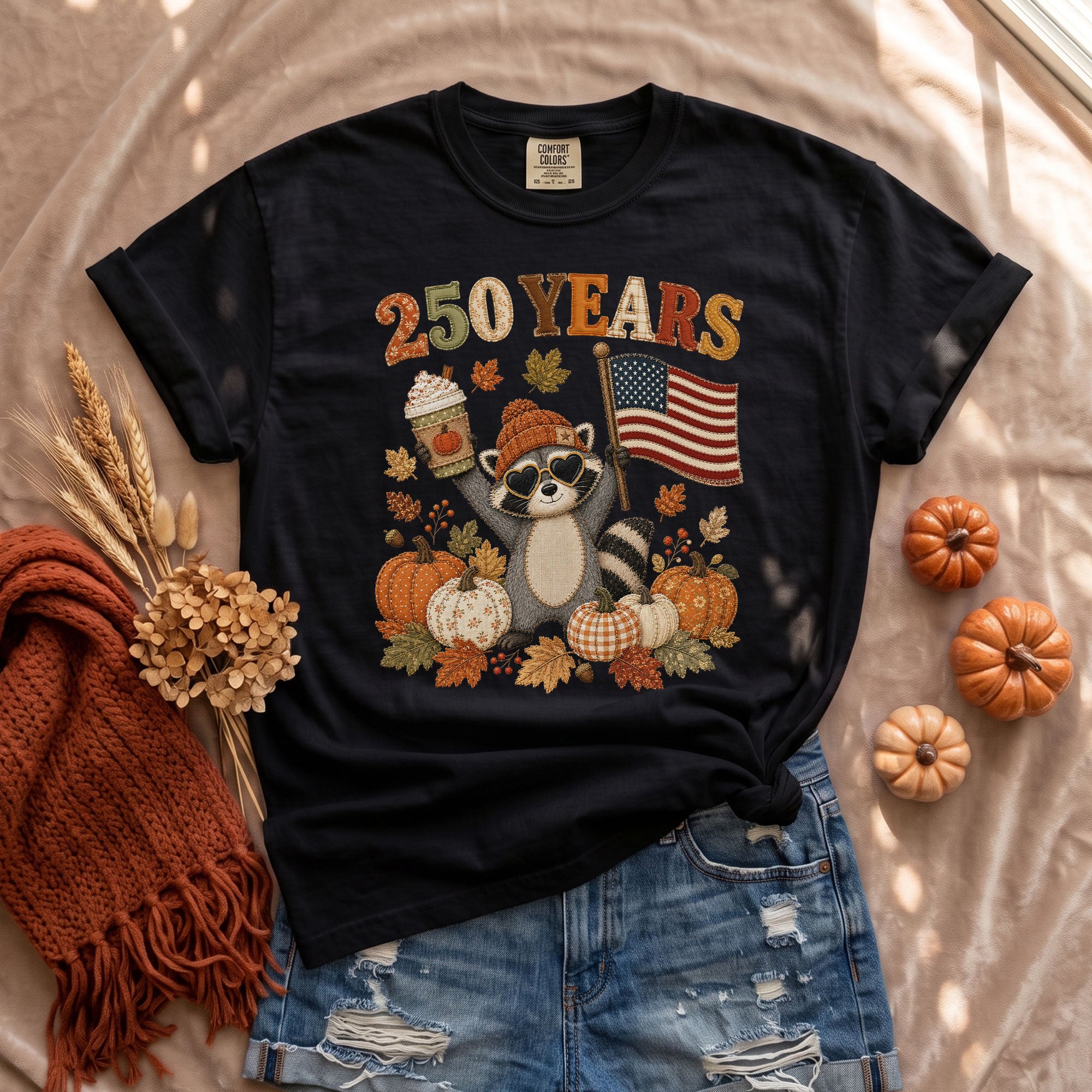 Vintage Style Raccoon 250 Years Fall Shirt: Cozy Pumpkin Autumn Seasonal Graphic Tee