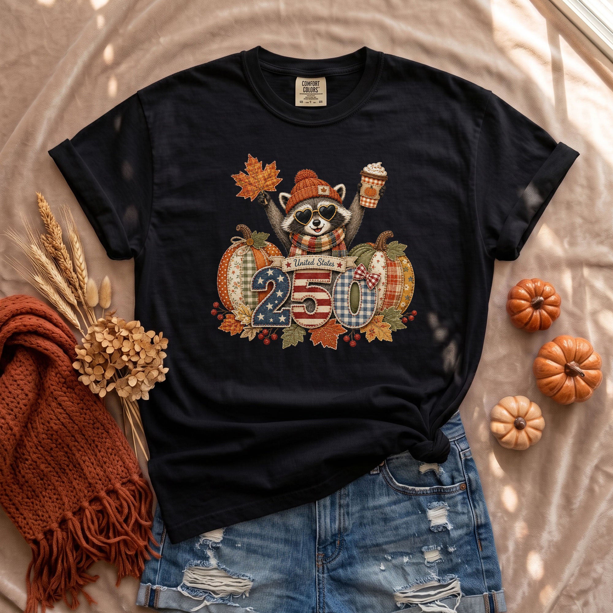 Cute Raccoon 250 Years United States Shirt: Cozy Autumn Pumpkin Seasonal Graphic Tee