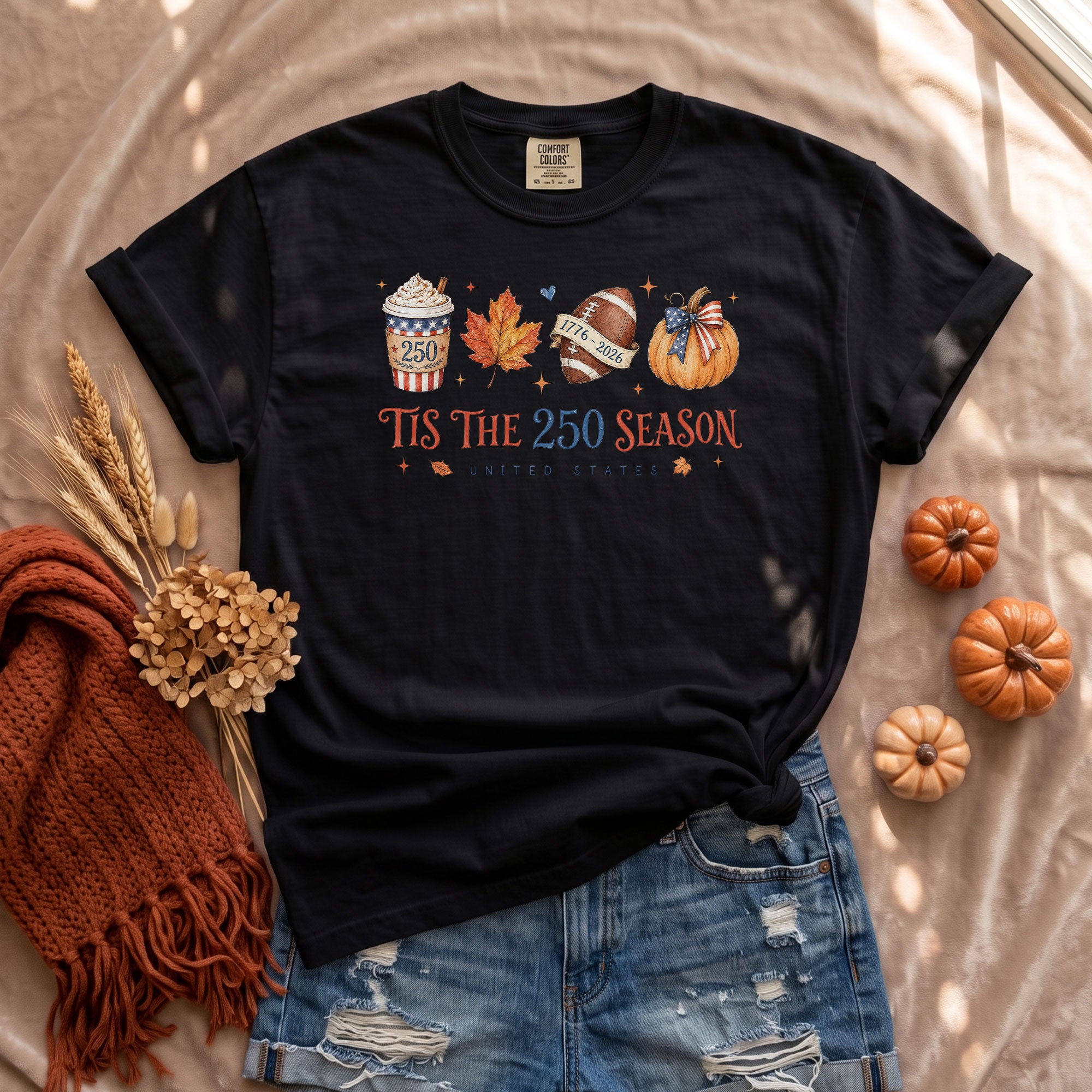 Tis The 250 Season United States T-Shirt: Festive Fall Pumpkin Football Graphic Tee