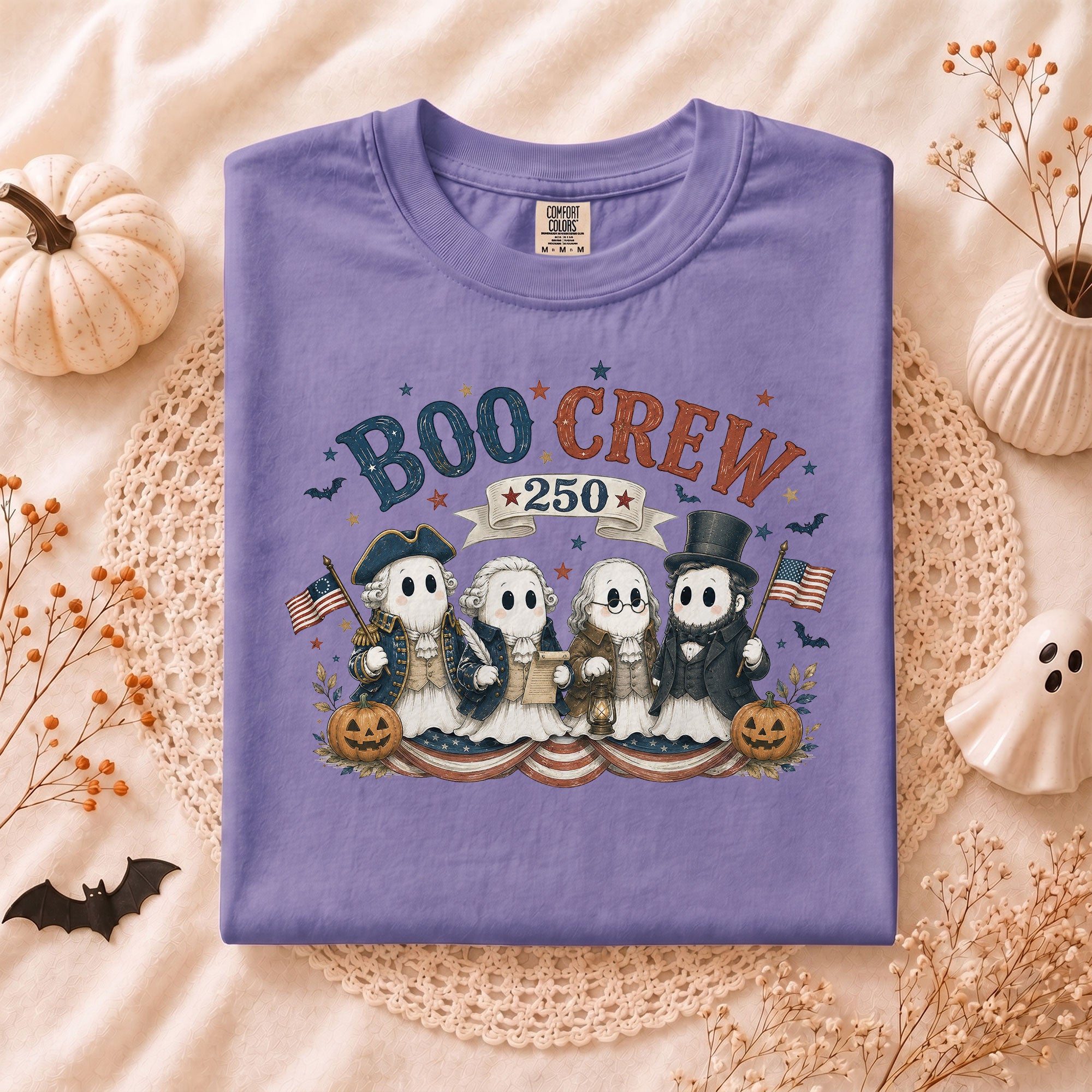 Boo Crew Halloween Shirt Patriotic Founding Fathers Ghosts US Flag Historical Tee