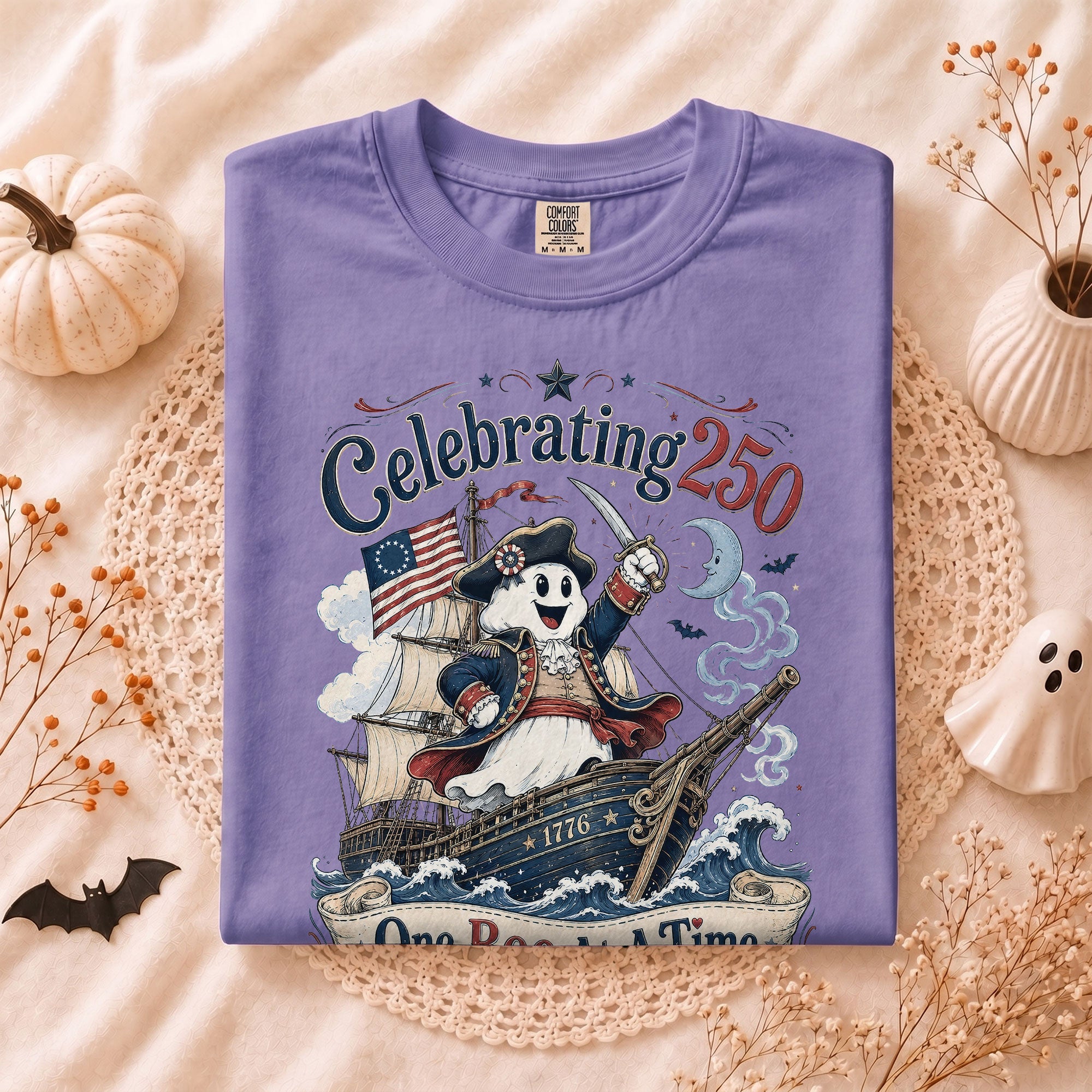 One Boo At A Time Shirt Celebrating 250 Ghost Captain Ship Patriotic Halloween Tee