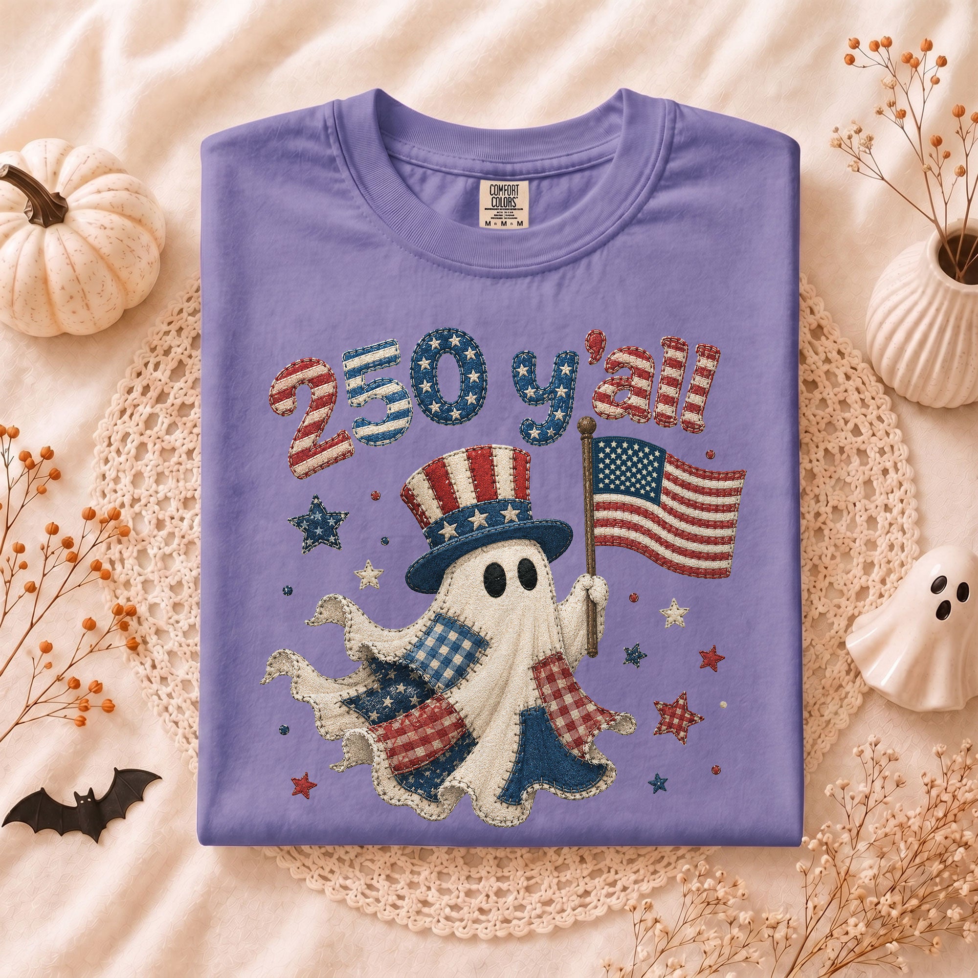 250 Y'all Shirt Patriotic Halloween Ghost Uncle Sam Hat American Flag Graphic Tee