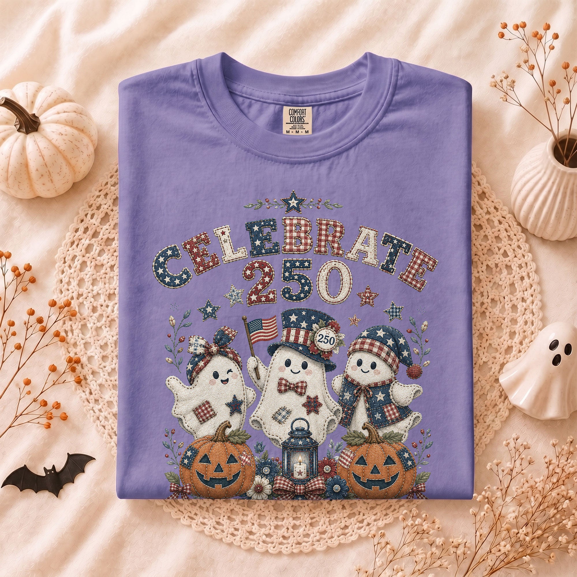Celebrate 250 Shirt Patriotic Halloween Ghosts Pumpkin Jack O Lantern Graphic Tee