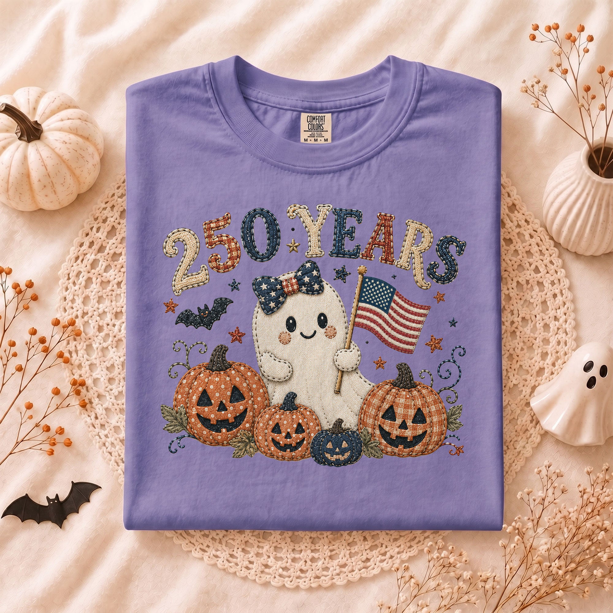 Patriotic Halloween Shirt Patchwork Ghost American Flag Pumpkin Graphic Tee