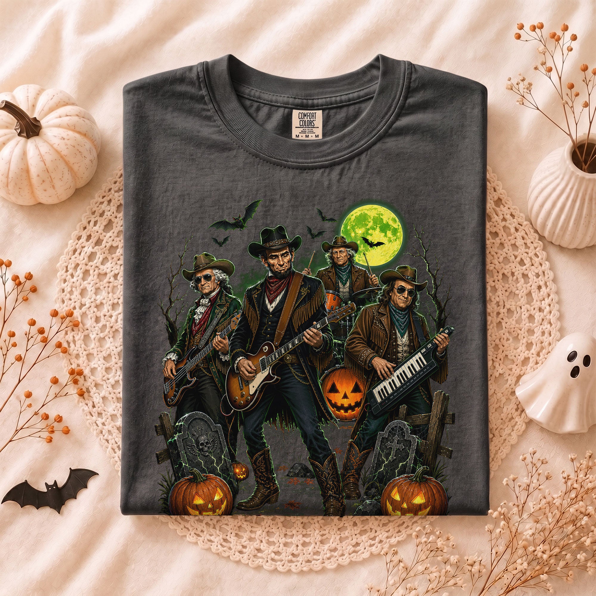Lincoln Playing Guitar Halloween Shirt Funny Presidents Rock Band Spooky Graphic Tee