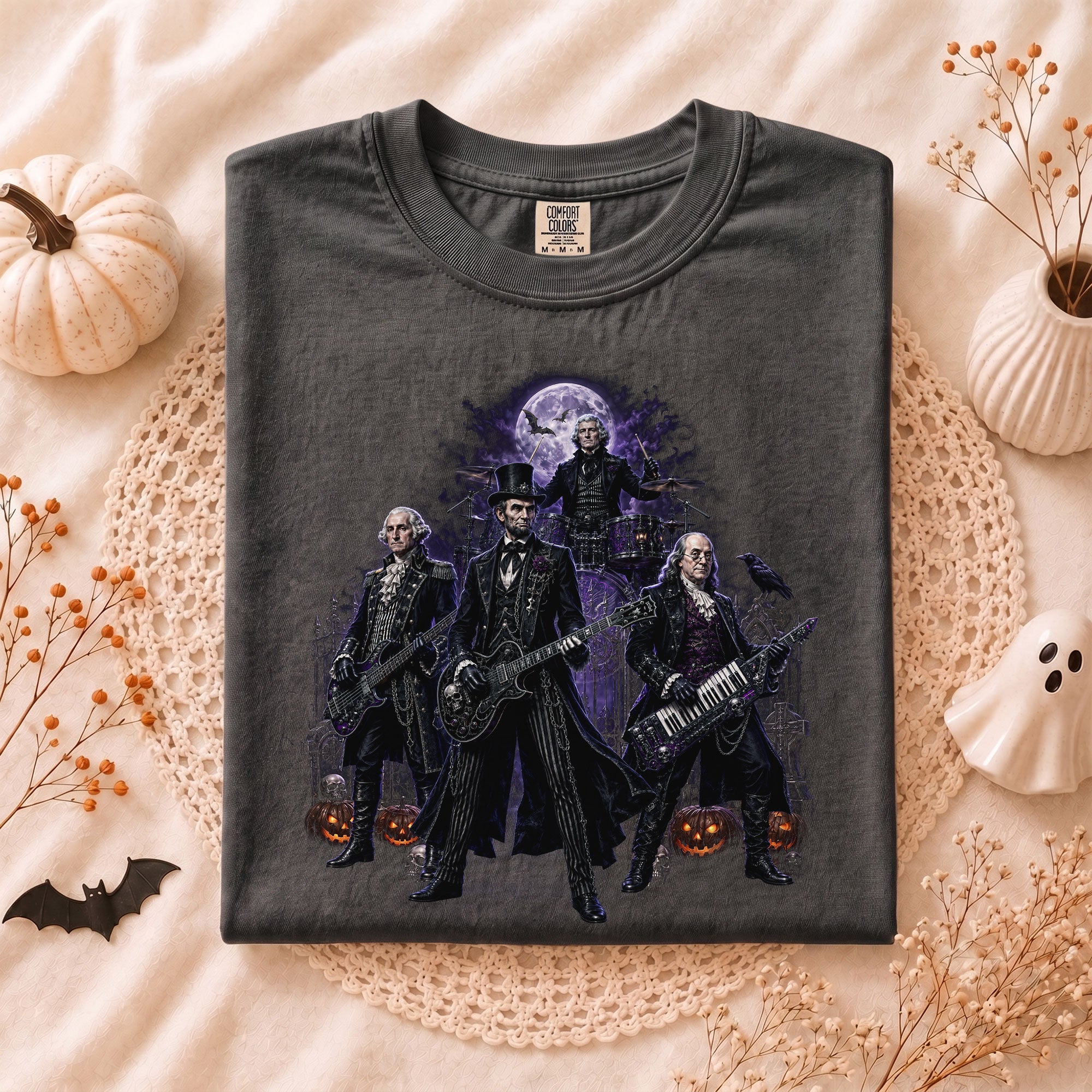 Lincoln Playing Guitar Halloween Shirt Funny Presidents Rock Band Goth Graphic Tee