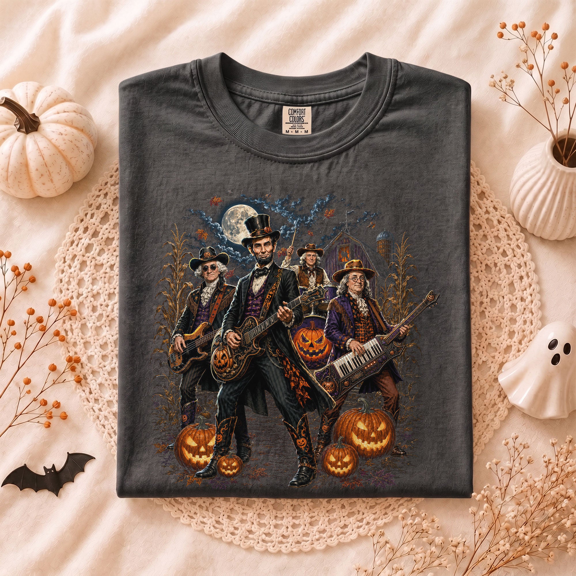 Lincoln Playing Guitar Halloween Shirt Midnight Cemetery Rock Band Vintage Tee