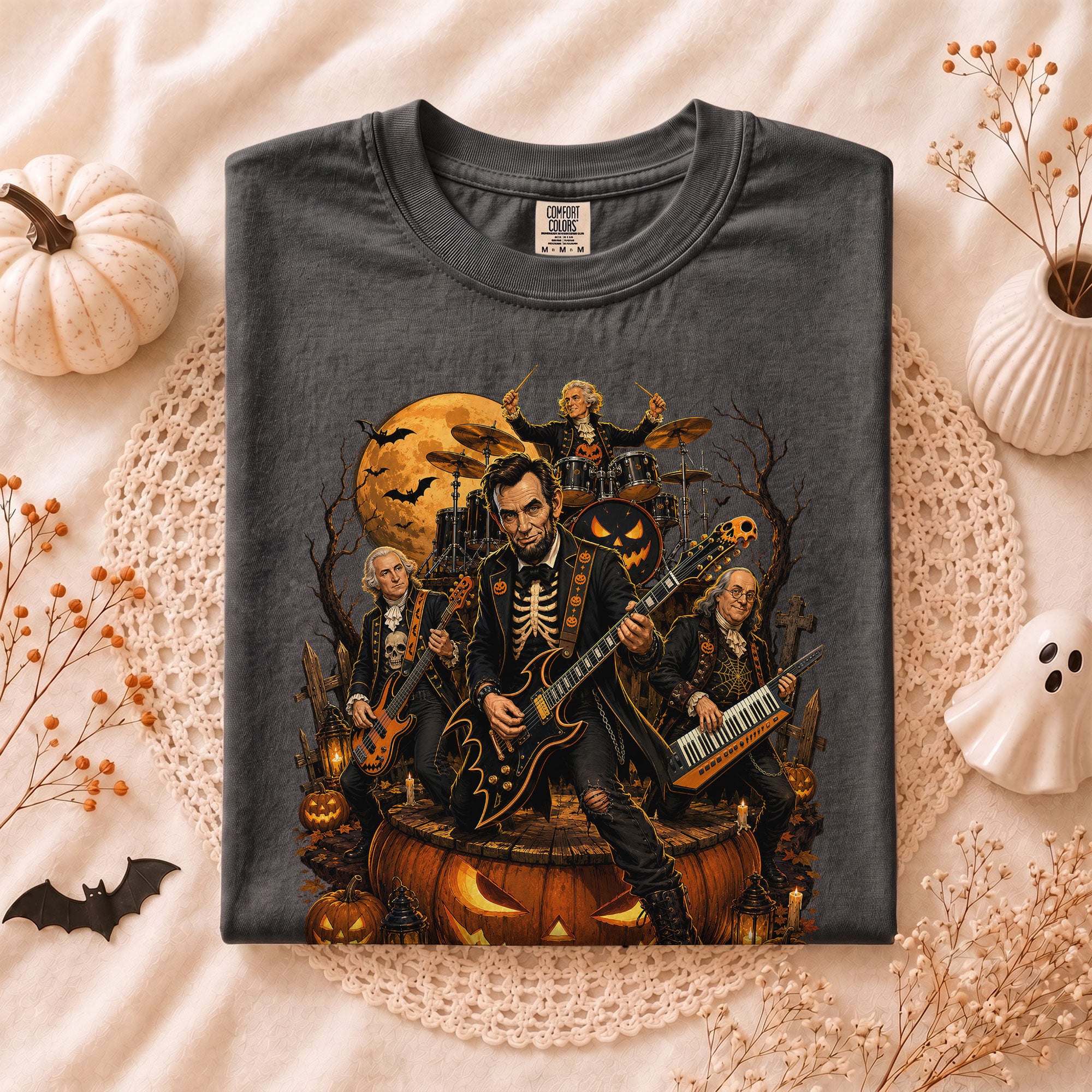 Lincoln Playing Guitar Halloween Shirt Giant Jack O Lantern Stage Skeleton Rock Band Tee