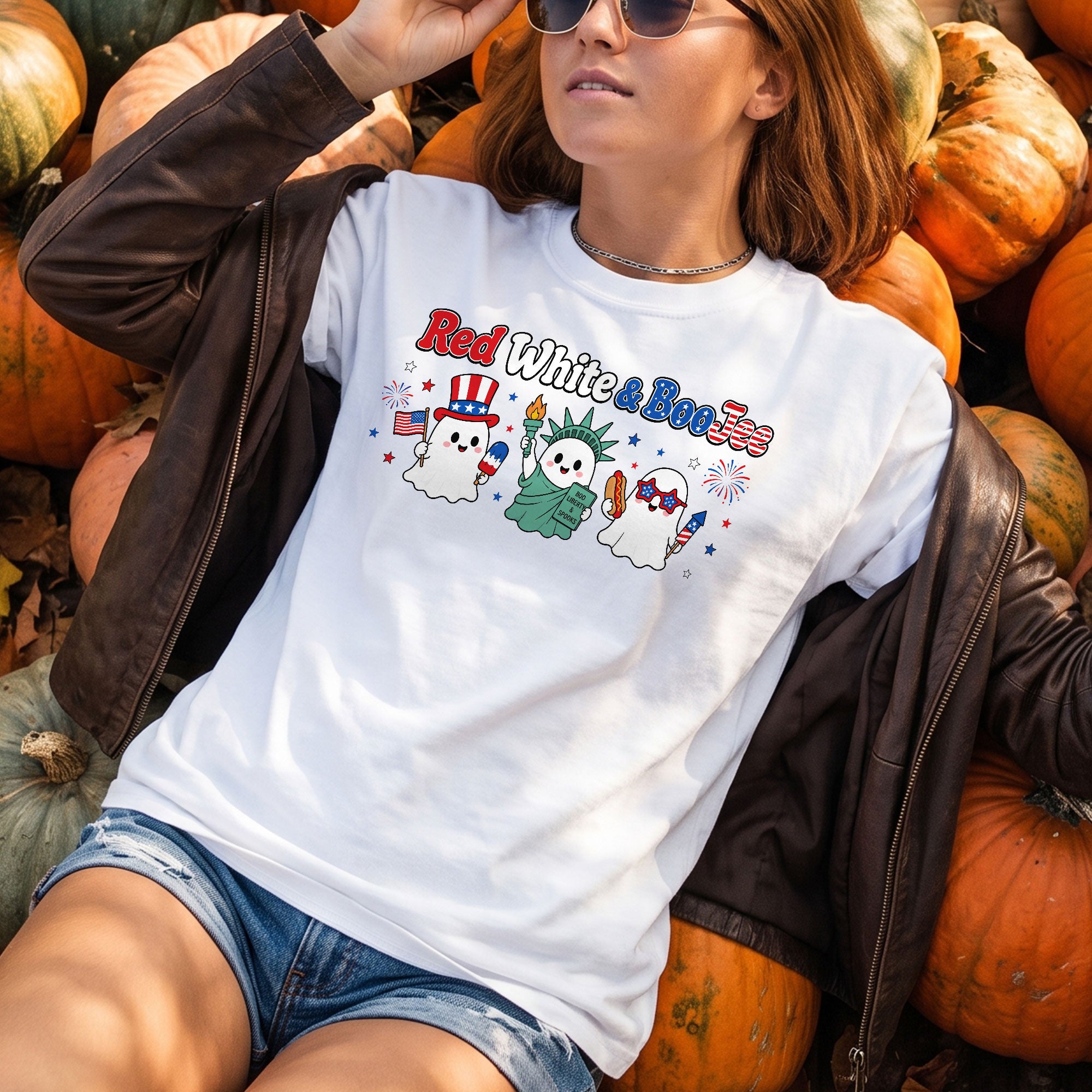 Unique Red White And BooJee Tee Adorable Patriotic Ghost Cartoon Graphic Shirt