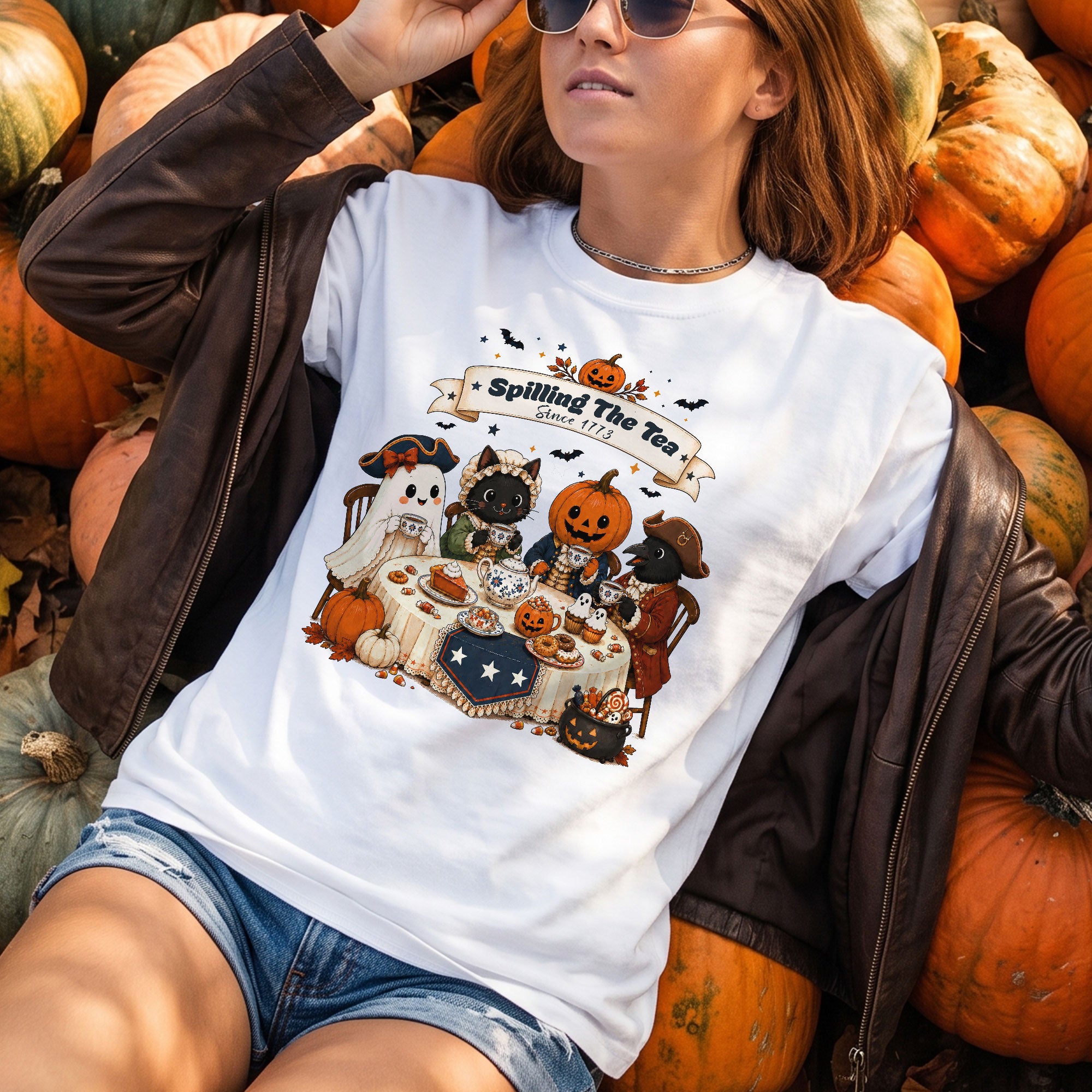 Spilling The Tea Since 1773 Tee Cute Aesthetic Halloween Ghost Cat Pumpkin Fall Shirt
