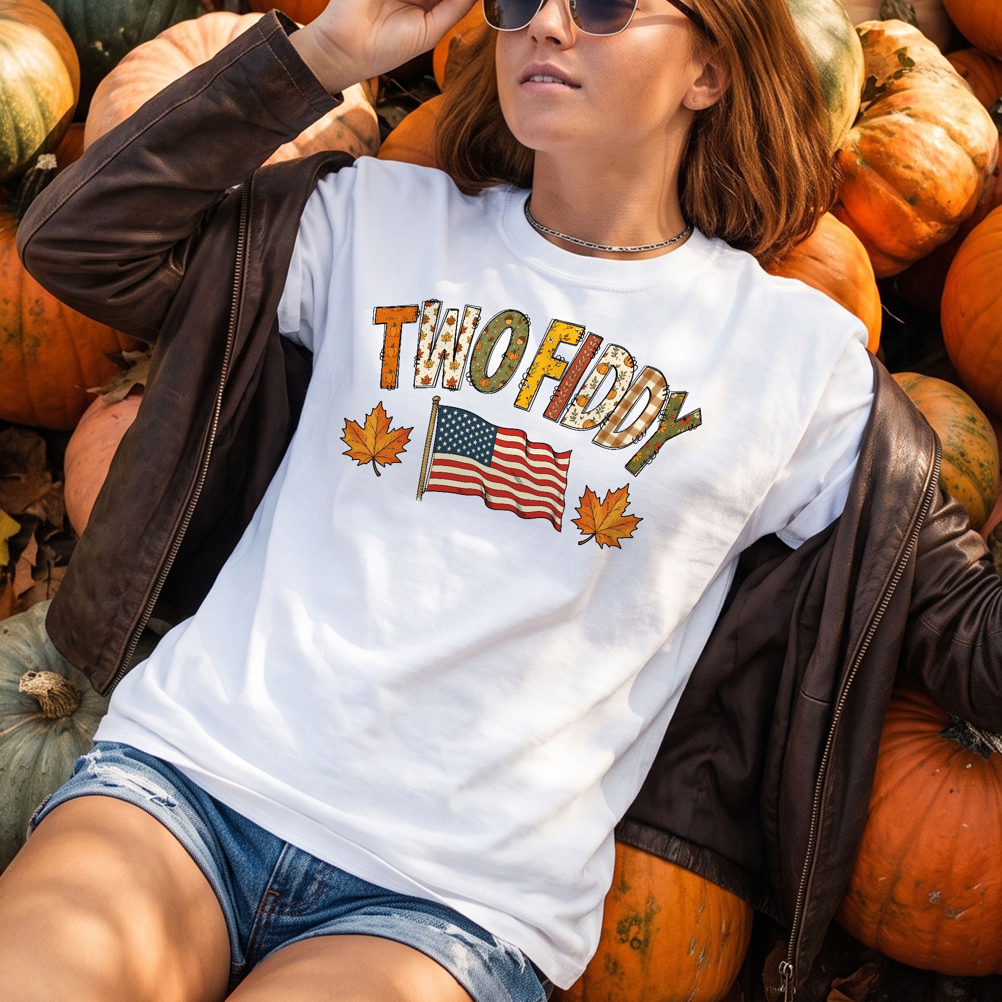 Two Fiddy Shirt Fall Vibes US Flag Maple Leaf Autumn Patriotic Graphic Tee