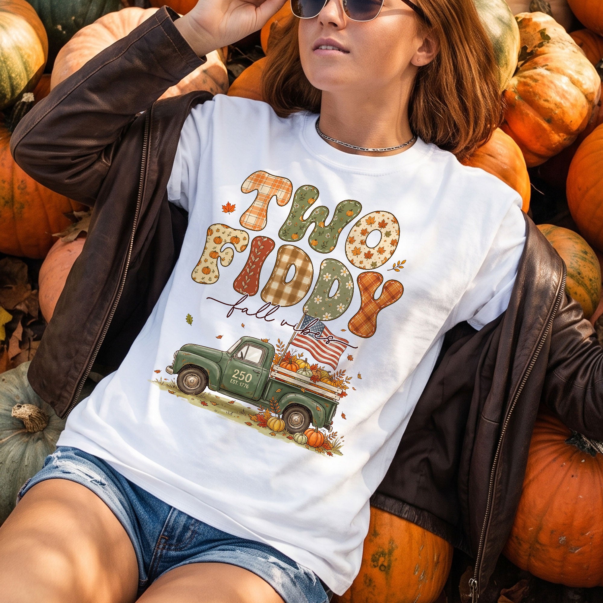 Two Fiddy Fall Vibes Shirt Vintage Pumpkin Truck US Flag Autumn Graphic Tee