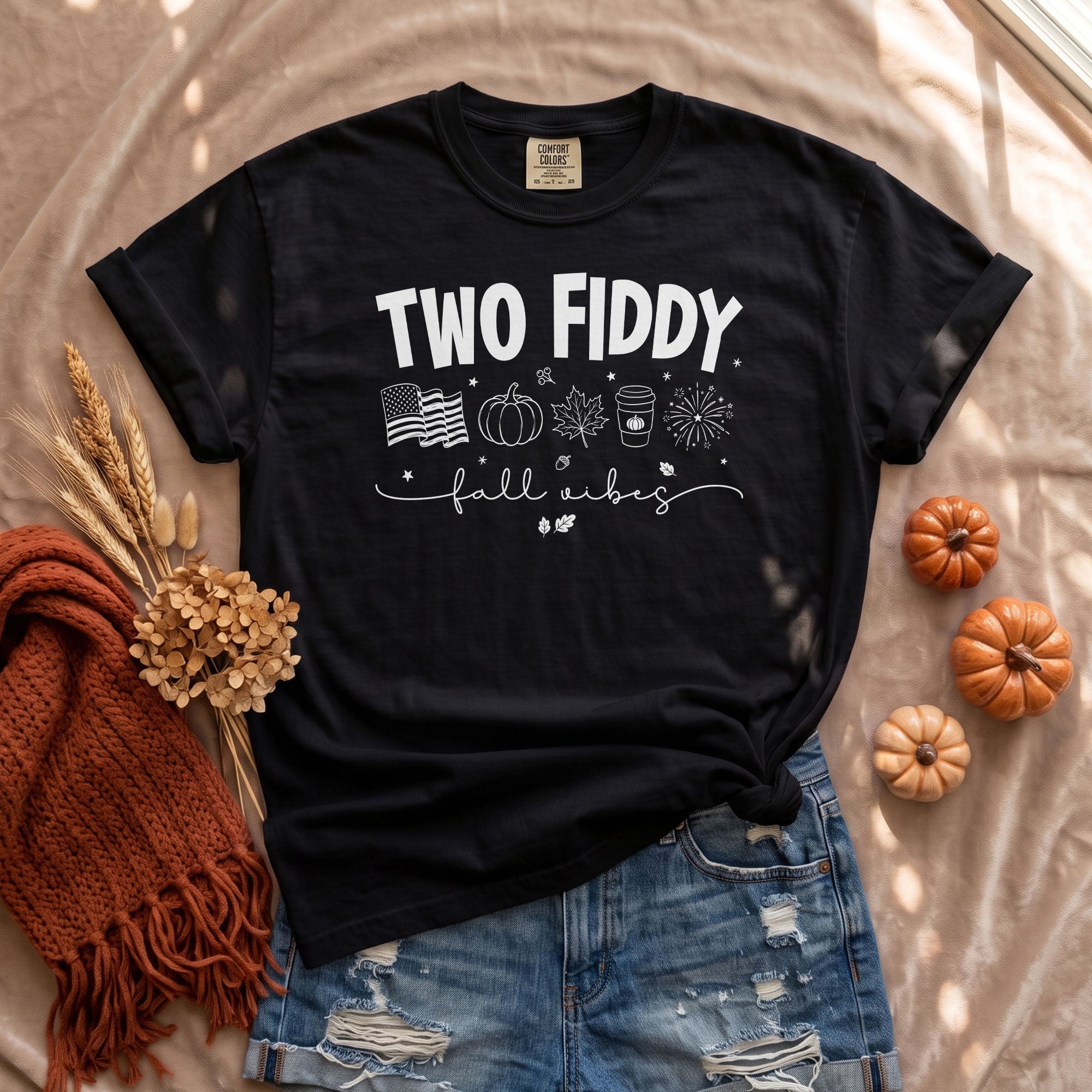 Two Fiddy Fall Shirt Pumpkin Spice Coffee US Flag Fireworks Autumn Graphic